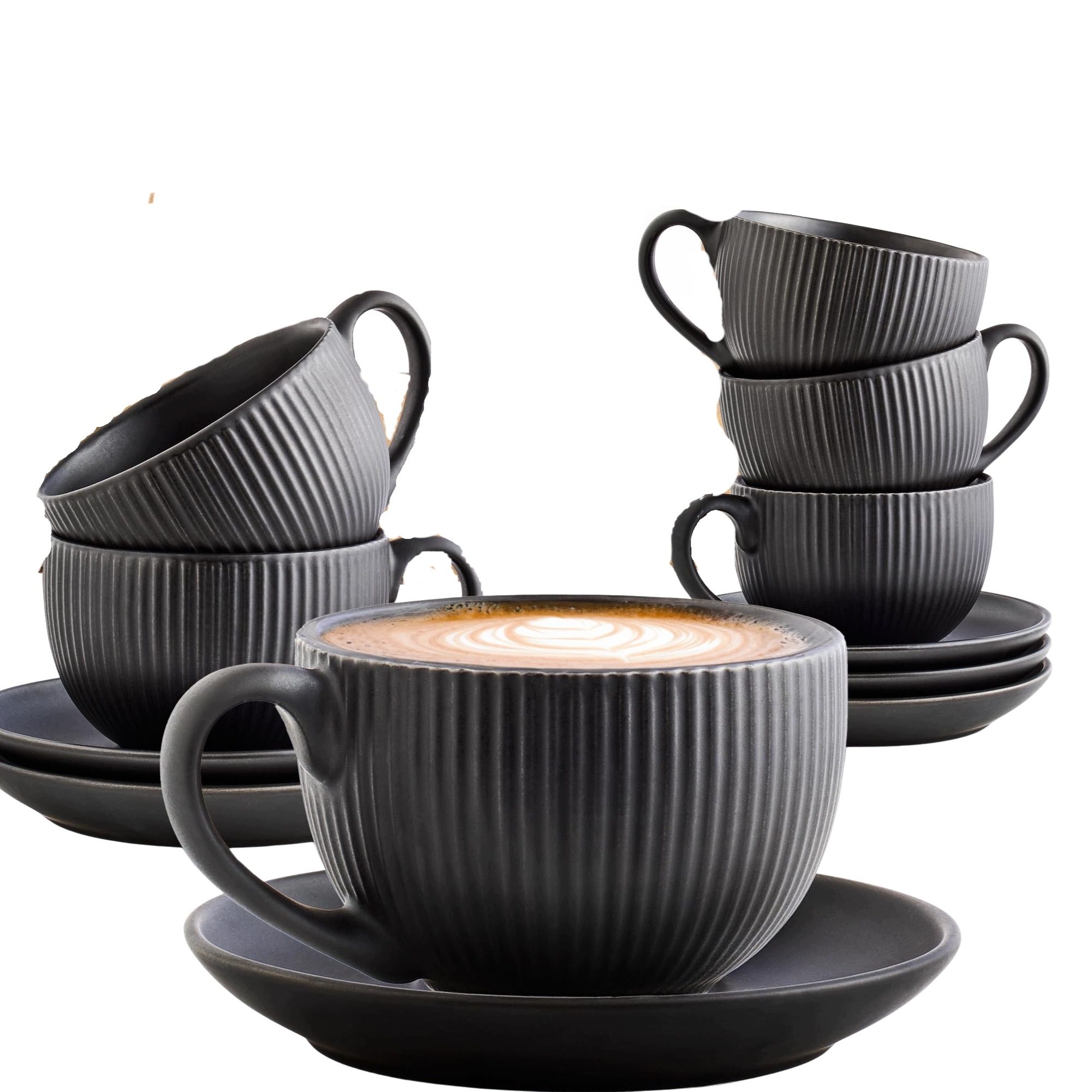 Šálky Na Cappuccino 200 ML S Keramickými Podšálky, 6 Ks, Černé