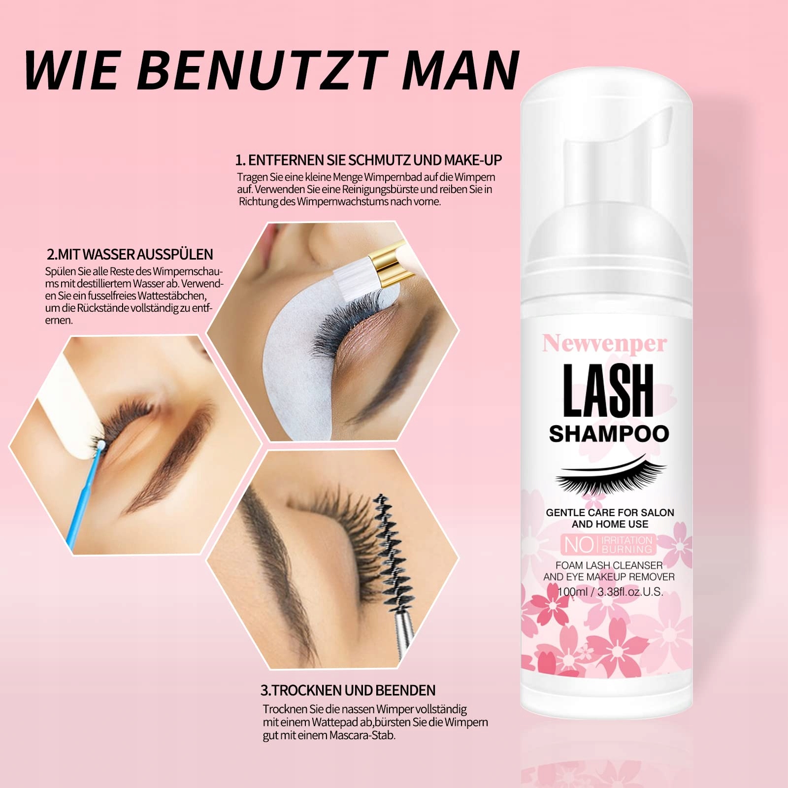 Newvenper Szampon Do Rzęs Z Pędzelkiem Do Przedłużania Rzęs 100ML — miniatura 6