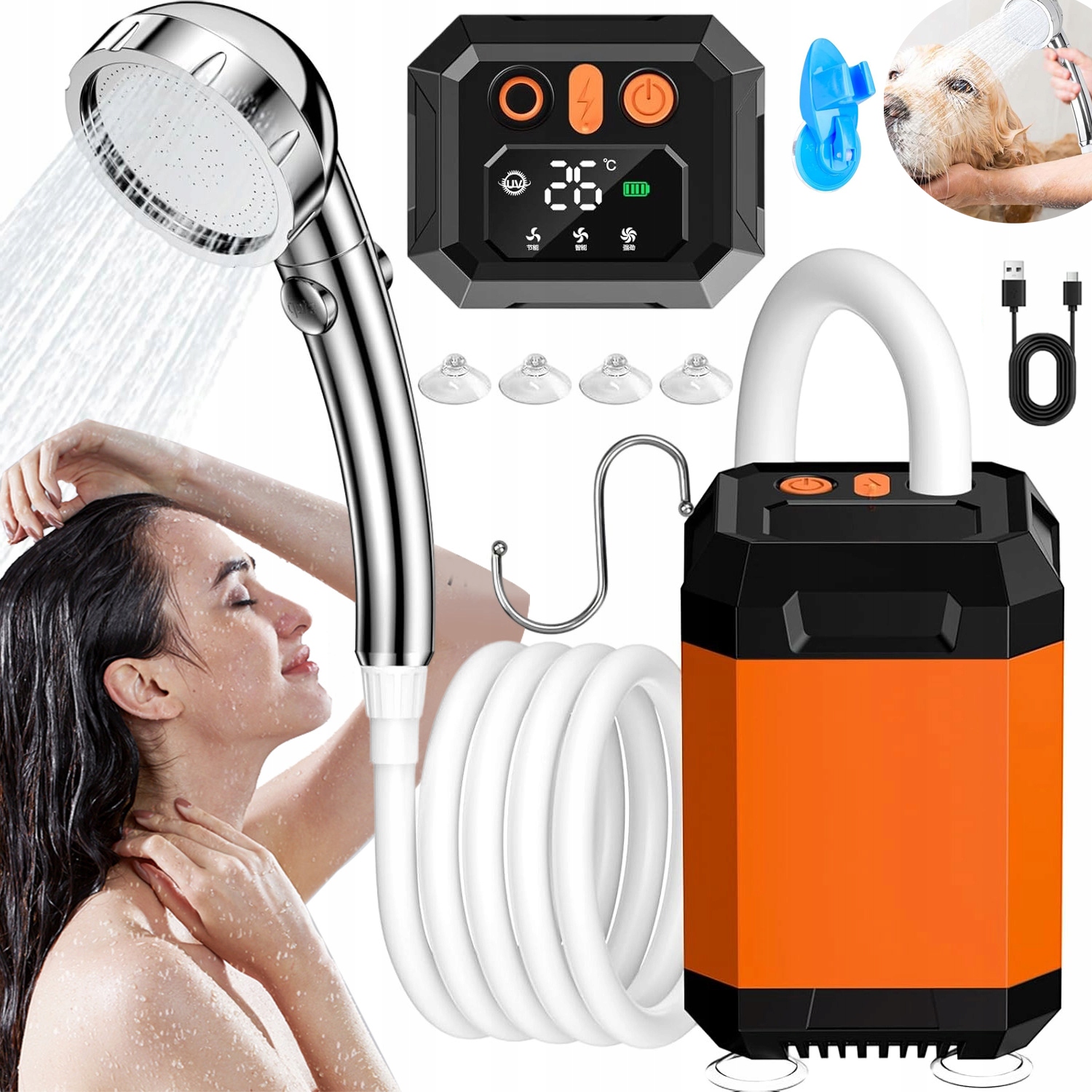 Turistická Sprcha Camping Akumulátor 5400 Mah 3 Režimy Přenosný