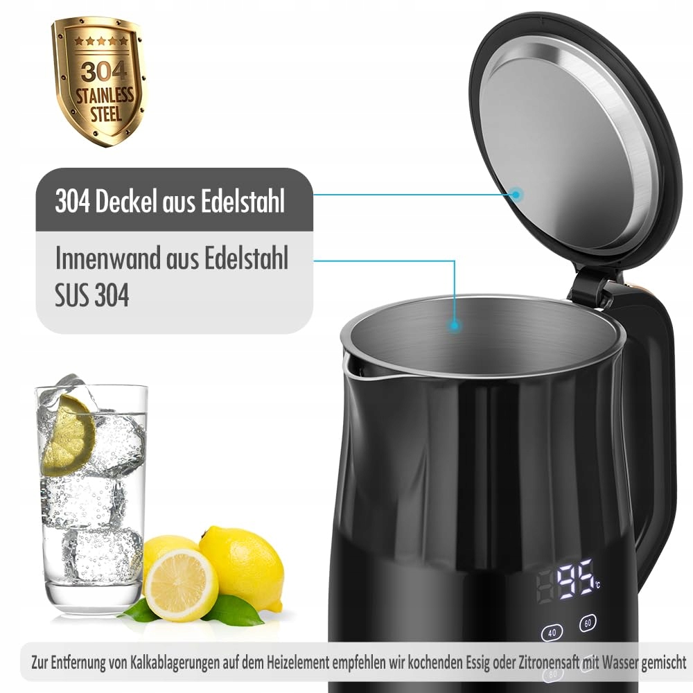 FORME Czajnik Elektryczny 1,7L Stalowy Regulacja Temperatury LED Wyświetlac — miniatura 5