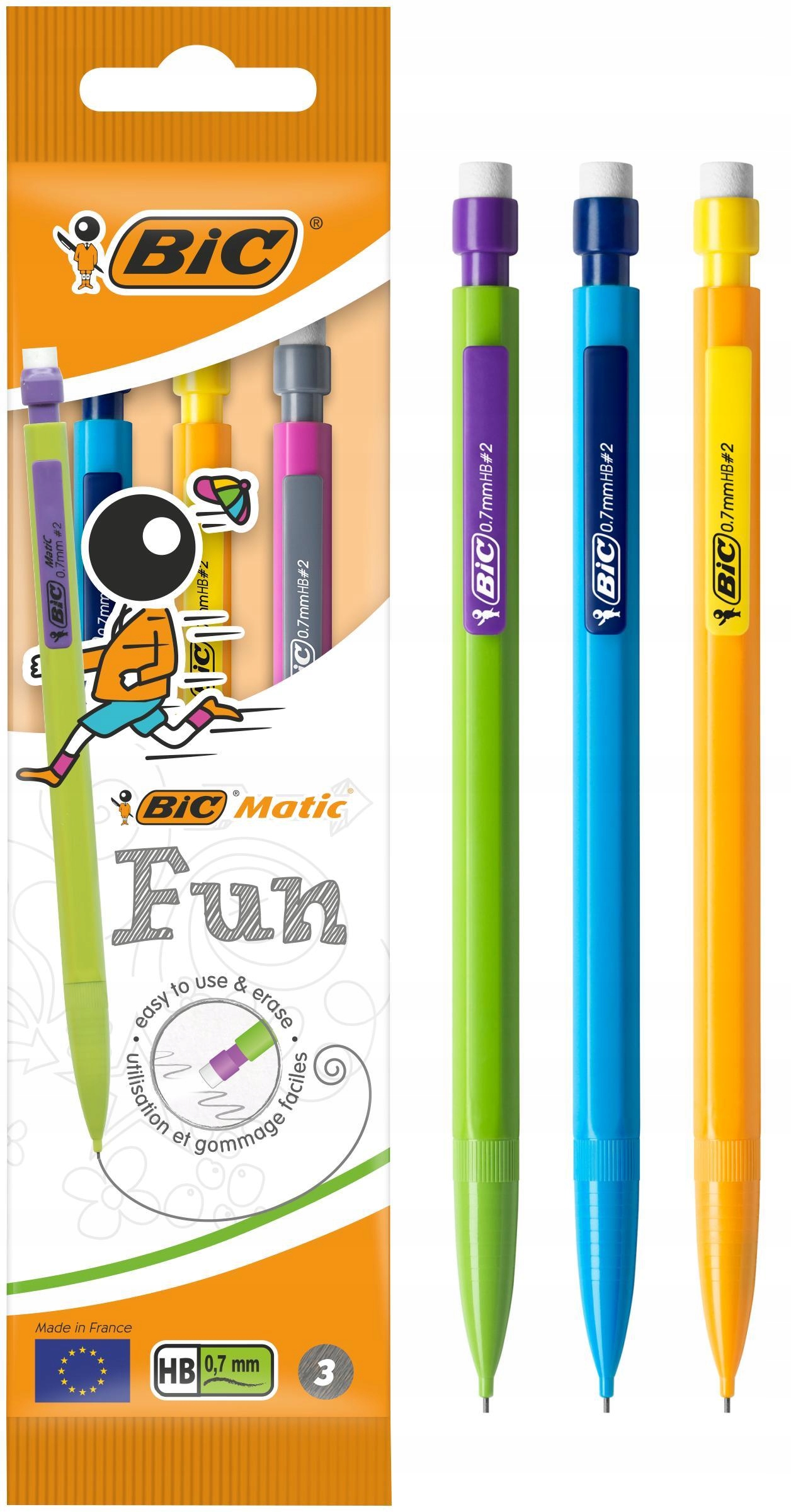BIC MATIC FUN OŁÓWEK AUTOMATYCZNY GUMKĄ WYTRZYMAŁY LEKKI ZESTAW x3