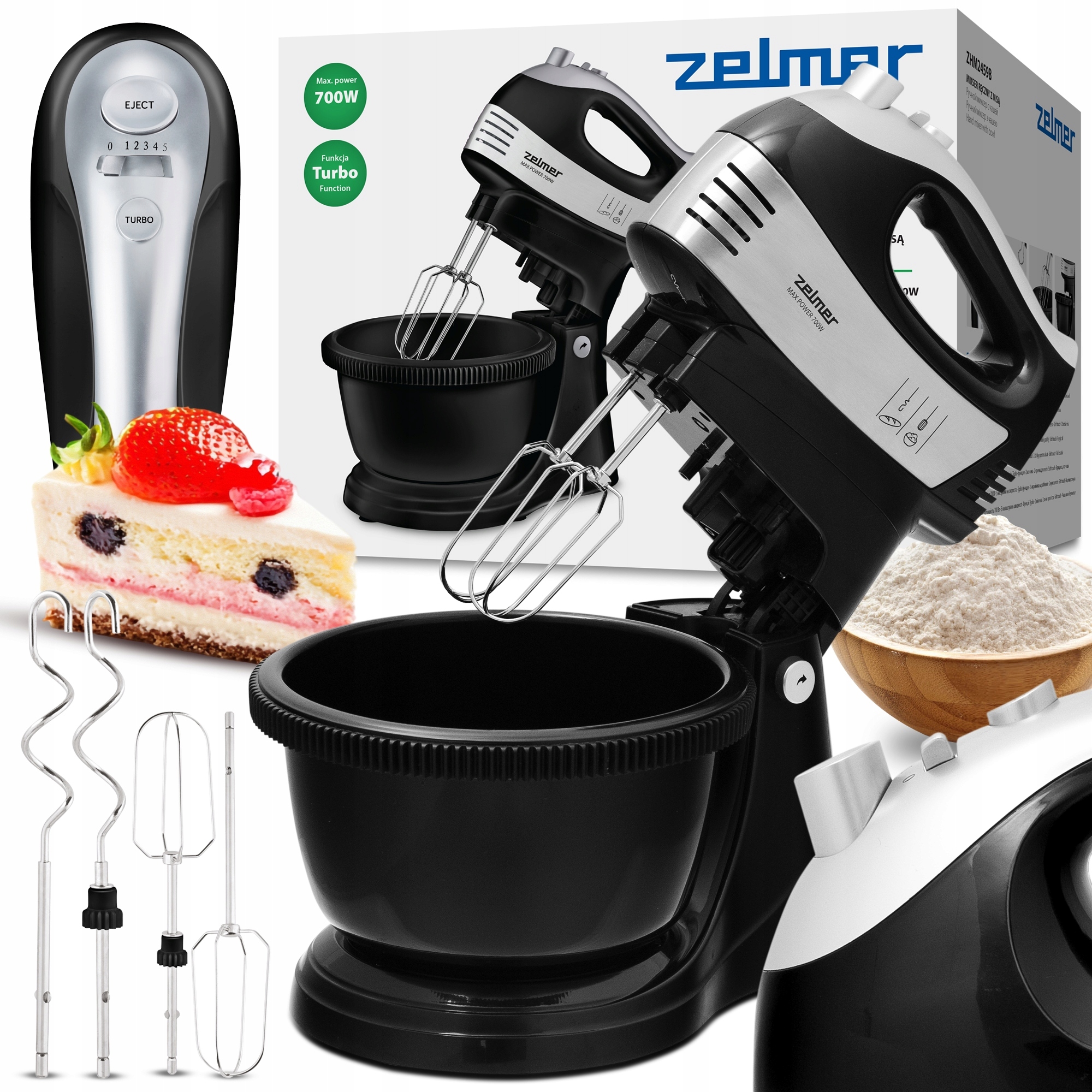 Mikser Ręczny Zelmer Lekki Robot Kuchenny Z Misą 2,5L 4 Końcówki Turbo 700W