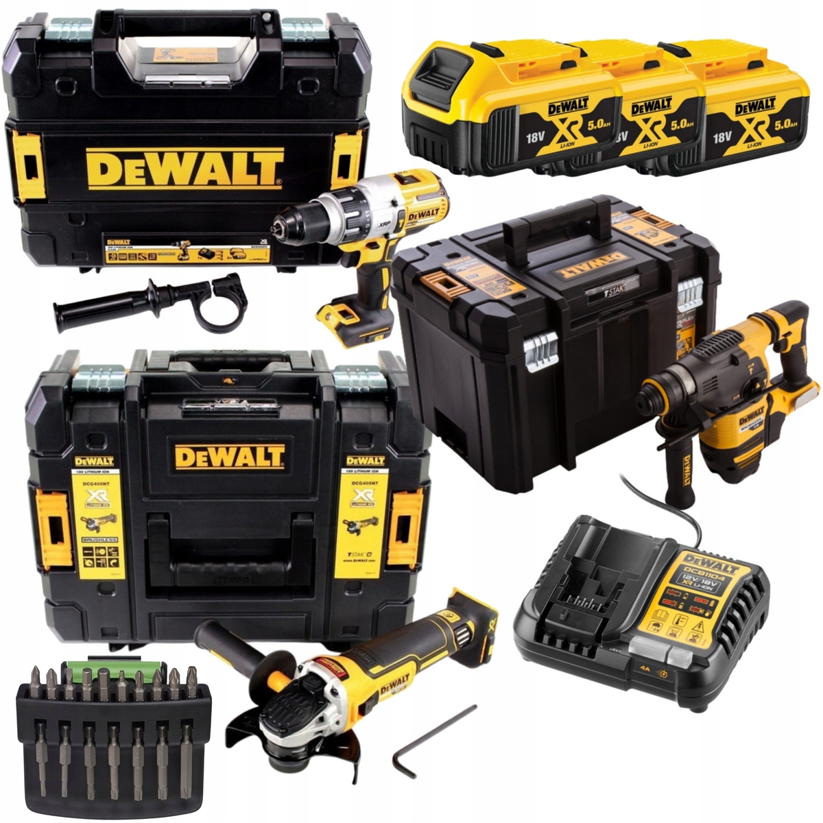 Zestaw Dewalt 18V DCD996NT DCG405NT DCH333NT 3x5Ah Ładowarka Bity 3/4