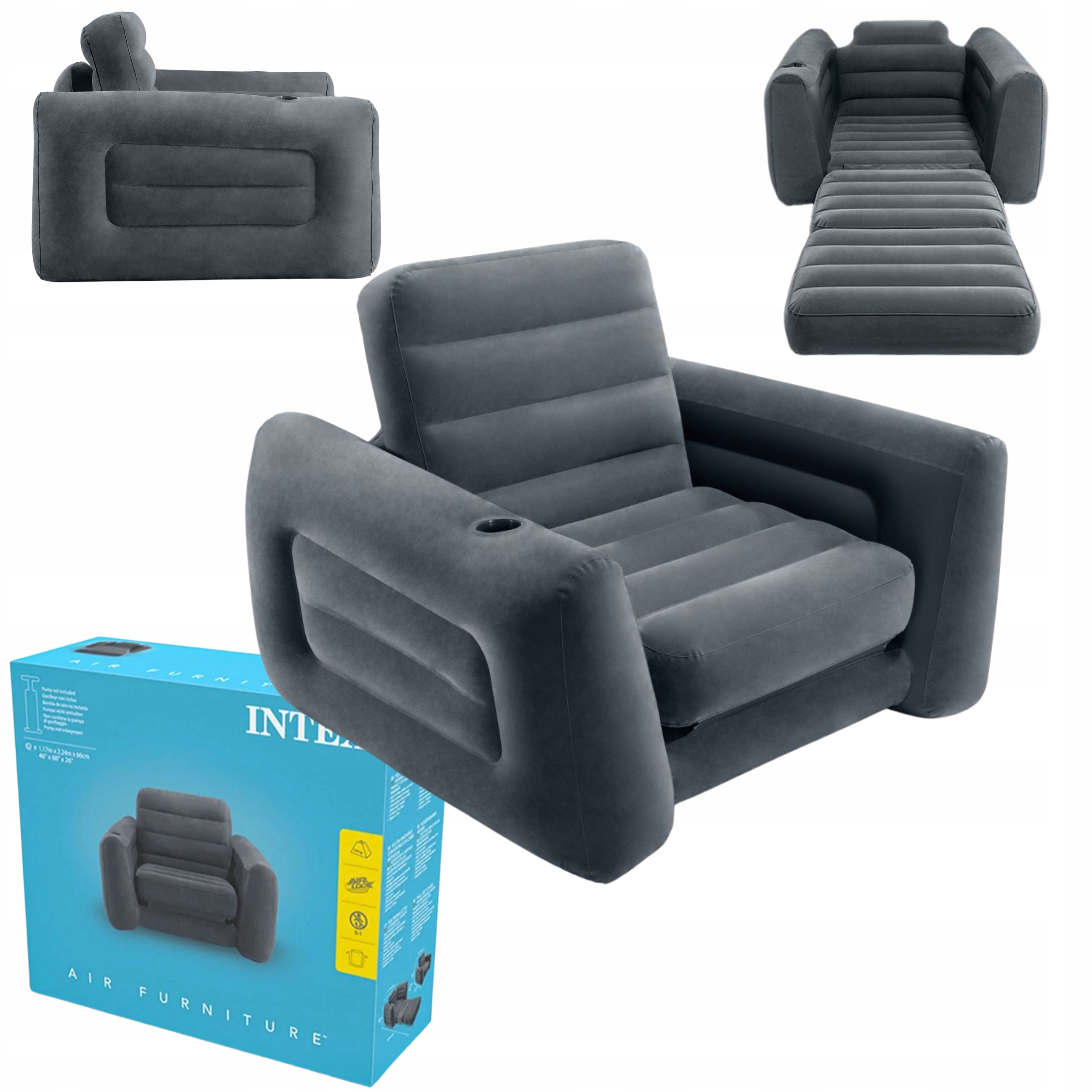 Fotel Dmuchany Jednoosobowy Materac Rozkładany Welurowy Intex 66551