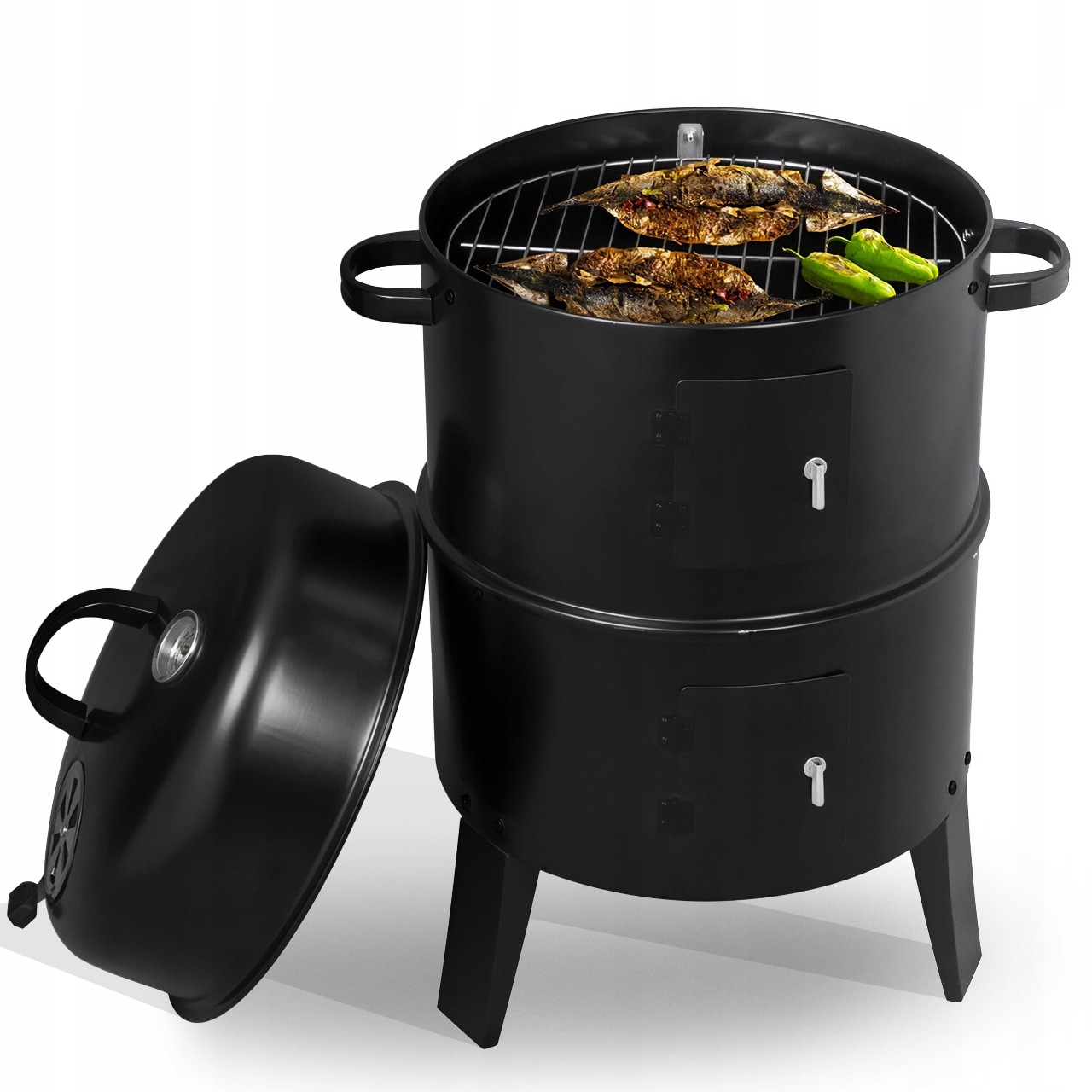 GRILL WĘDZARNIA OGRODOWY WĘGLOWY PALENISKO 3W1 TERMOMETR 3 RUSZTY Cechy dodatkowe pokrywa system regulacji temperatury termometr wędzarnia wiatrochron