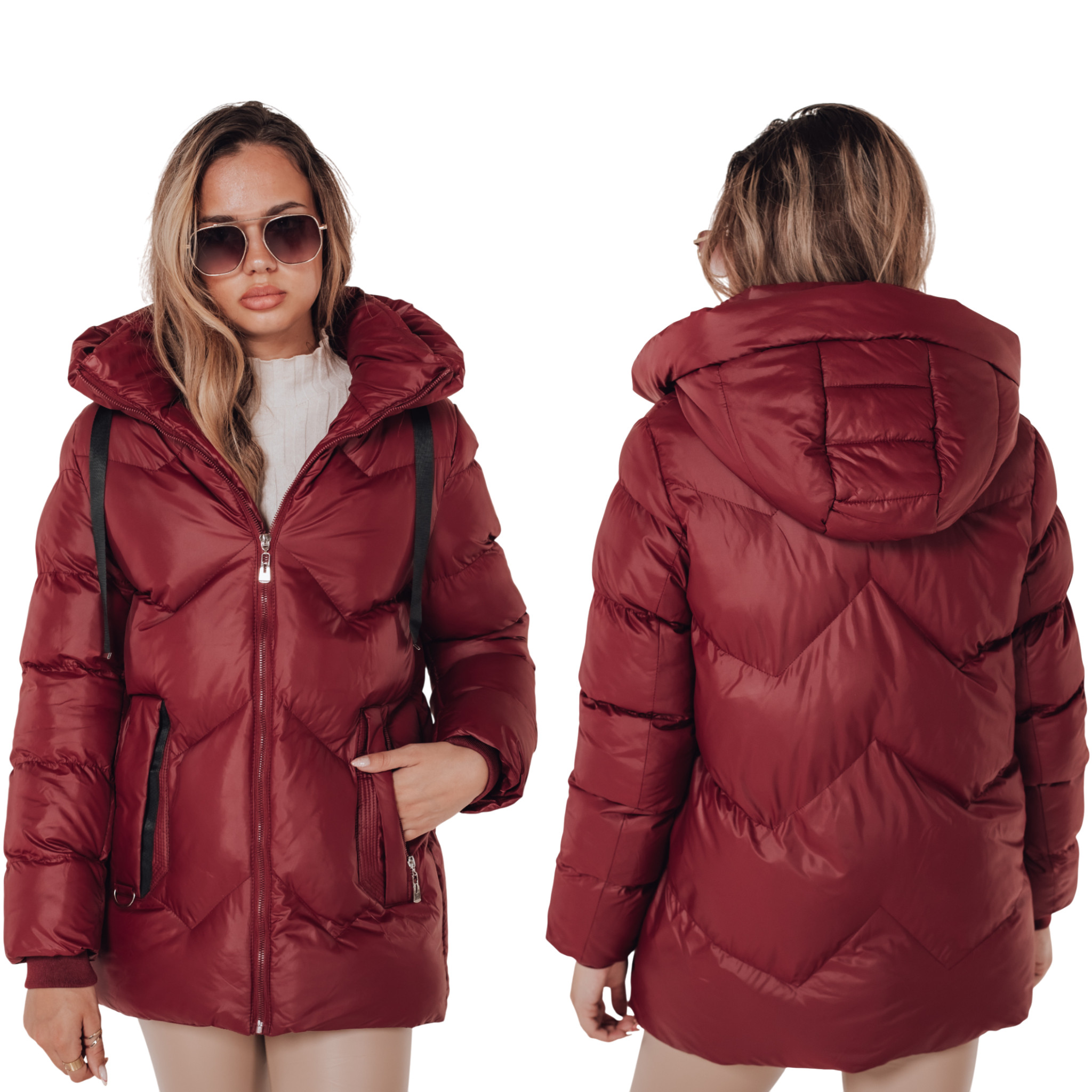 Kurtka damska zimowa pikowana z kapturm czerwona TY5005 M