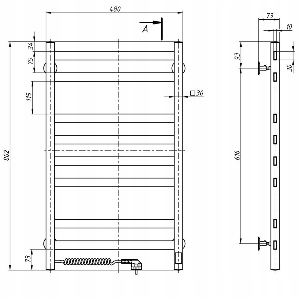grzejnik łazienkowy elektryczny 80 x 48 Avangard Szerokość 480 mm