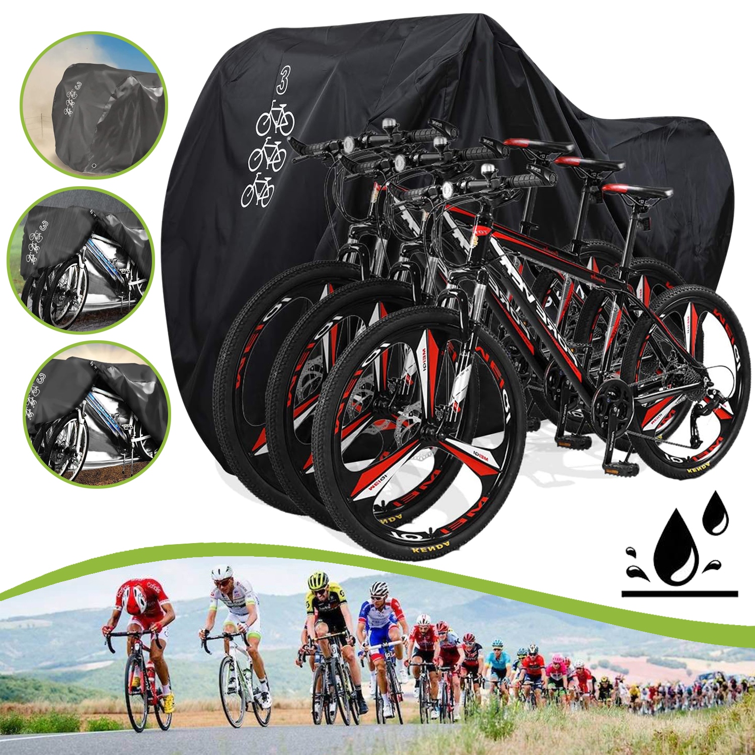 POKROWIEC ROWEROWY, PLANDEKA ROWEROWA WODOODPORNA NA 3 ROWERY, 190T TKANINA