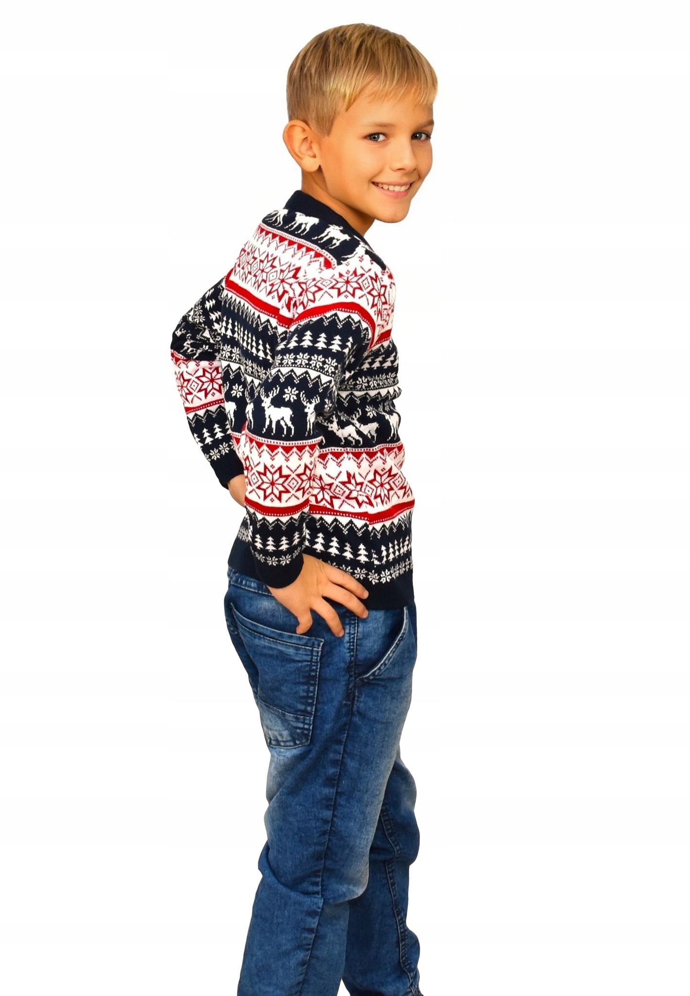 DZIECIĘCY SWETER ŚWIĄTECZNY NORWESKI GRANATOWY CZERWONY ŚWIĄTECZNE 2/3 LATA Rozmiar (new) 98 (93 - 98 cm)