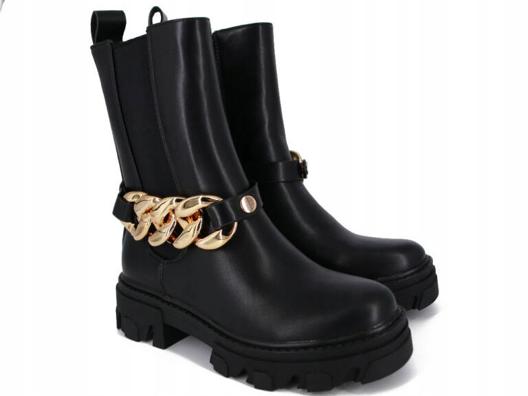 

Botki Z Łańcuchem Skóra Workery Czarne Z HB18 37