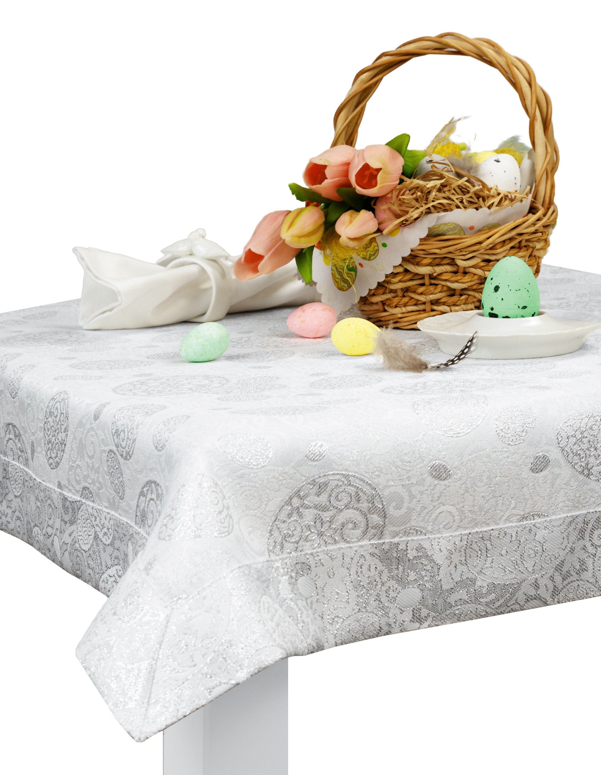 Obrus plamoodporny srebrny w motywy wielkanocne szyty Premium 120X450