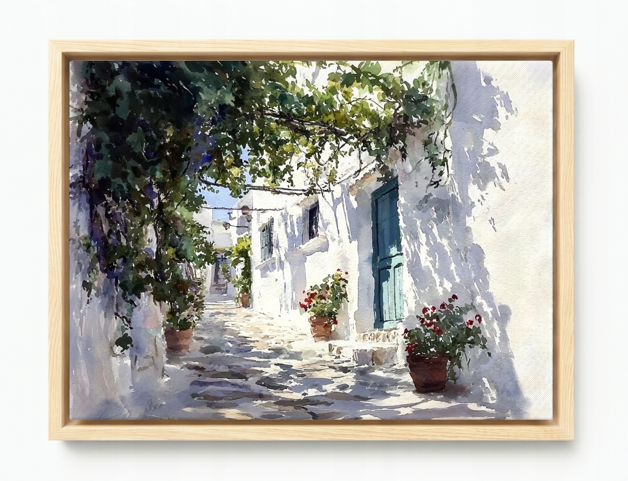 Obraz Rám American Box Řecko Bílé Domky Květiny Pergola Santorini 80x60