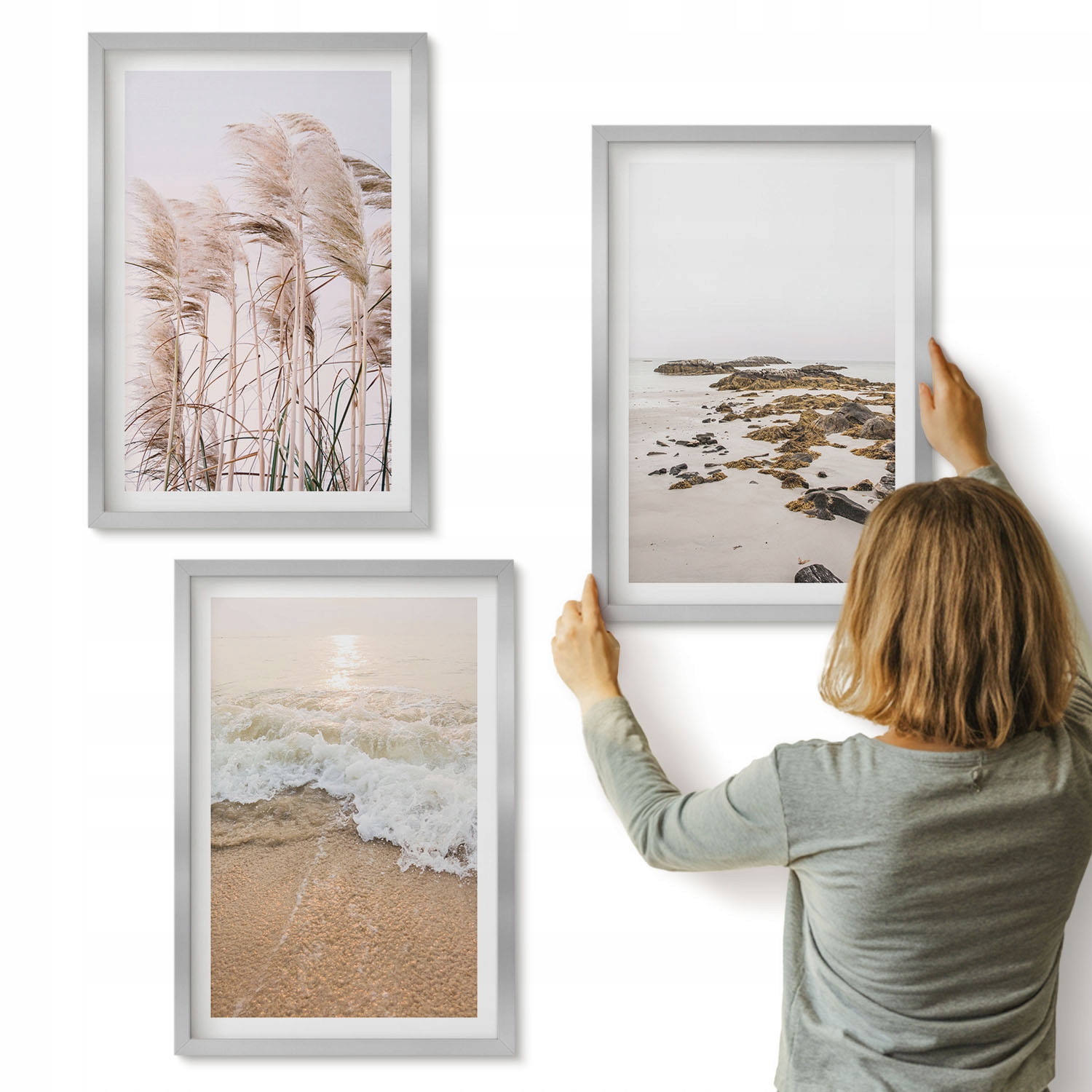 Triptych Sada 3 x 40x60 obrazů na zeď Plážové trávy vlny kameny boho