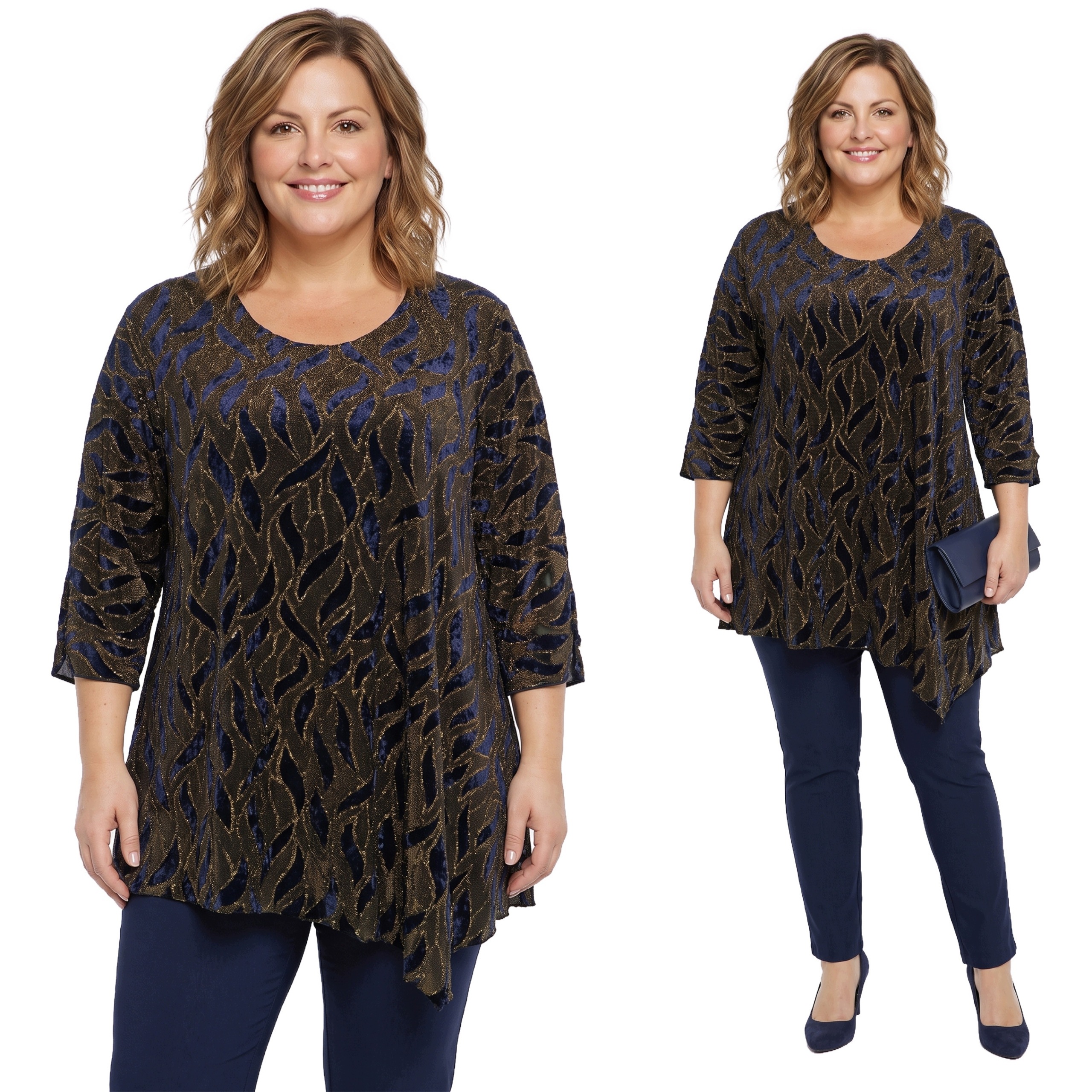 Zlatá tunika s velurovými modrými vzory plus size velikost 60/62