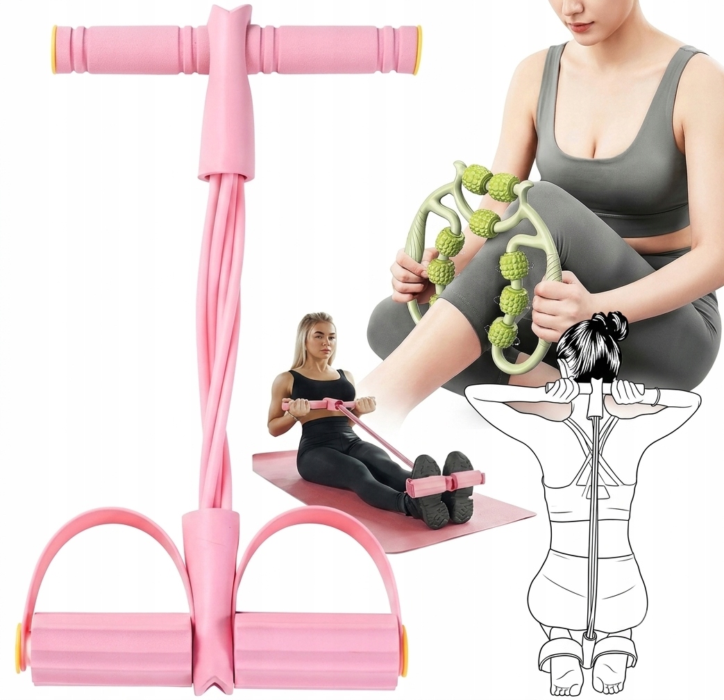 Zestaw fitness 2w1 ekspander z pedałami masażer 9 rolek do ciała