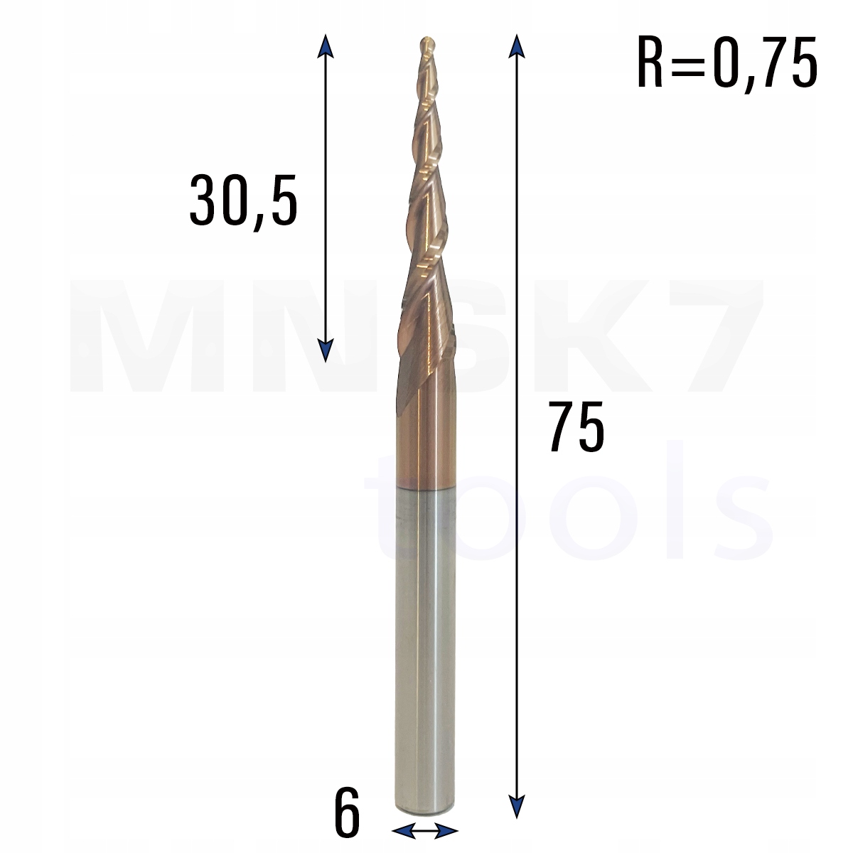 Frez stożkowy kulowy 3D 6 x 30.5 x 75 R0.75 HRC55 4.22°