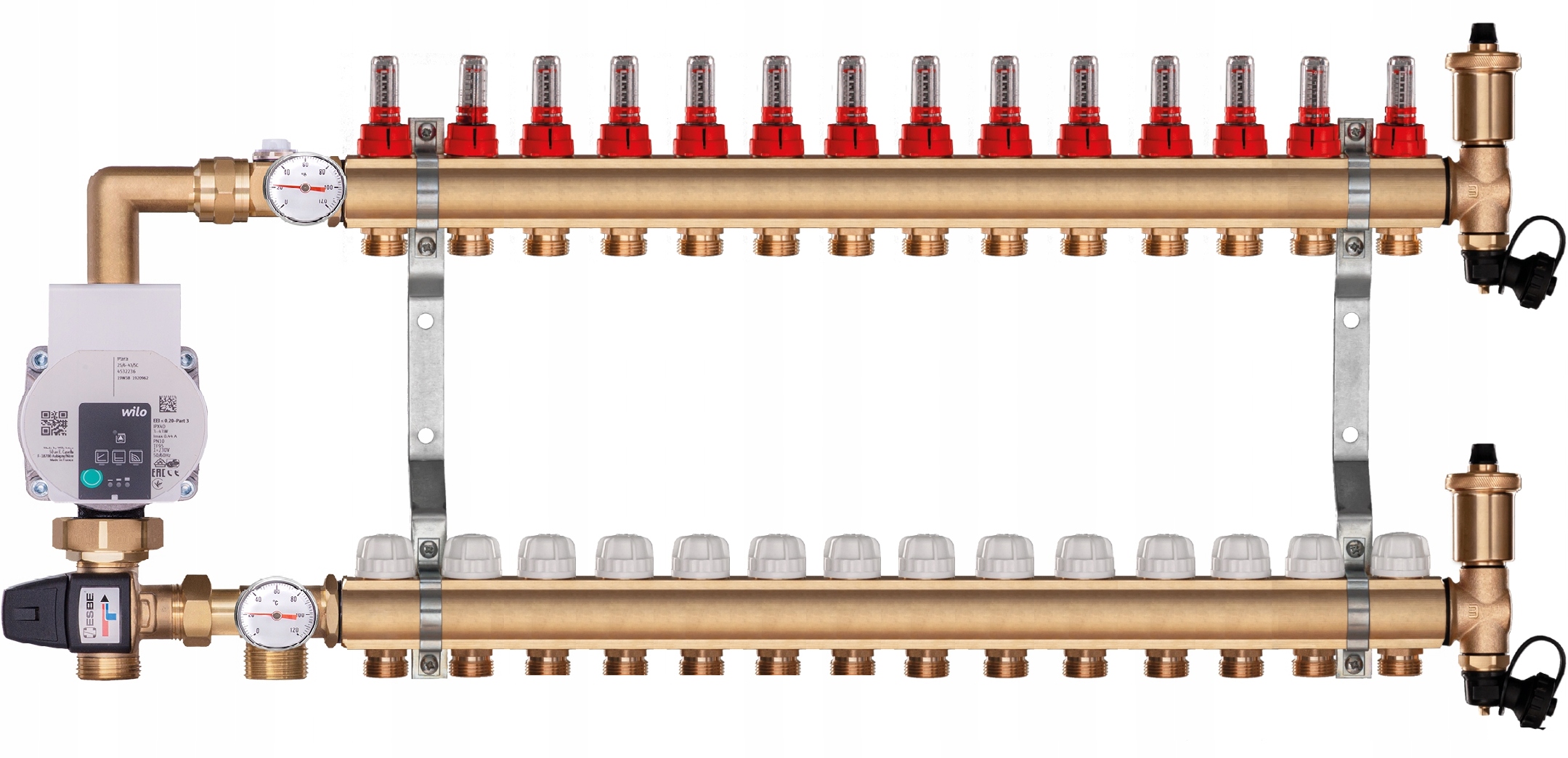 Mosazný rozdělovač pro podlahovku 14 topení s Čerpací Skupinou Wilo
