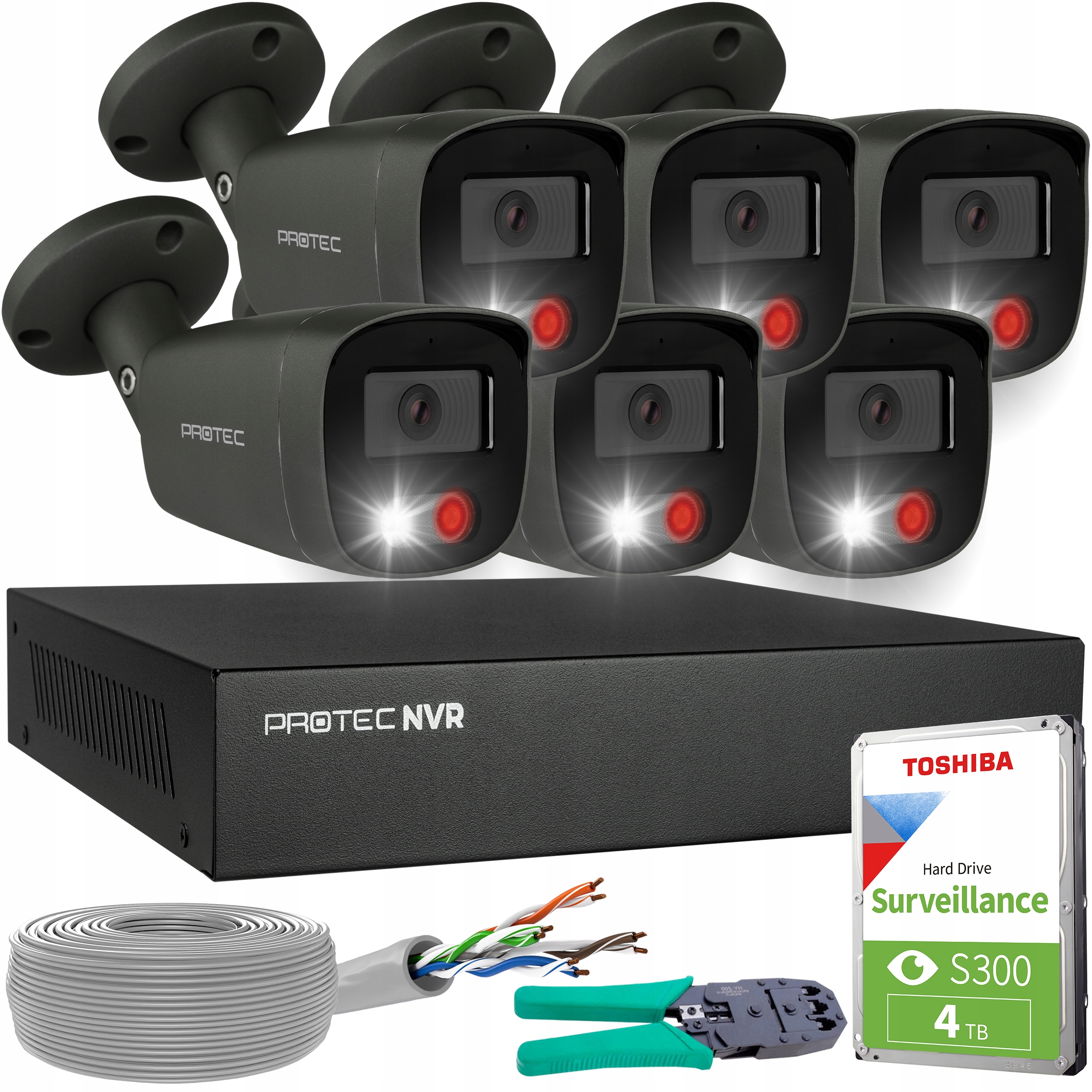 Sada monitorování 6 kamer Ip PoE Full color detekce lidí 5Mpx Hdd grafit