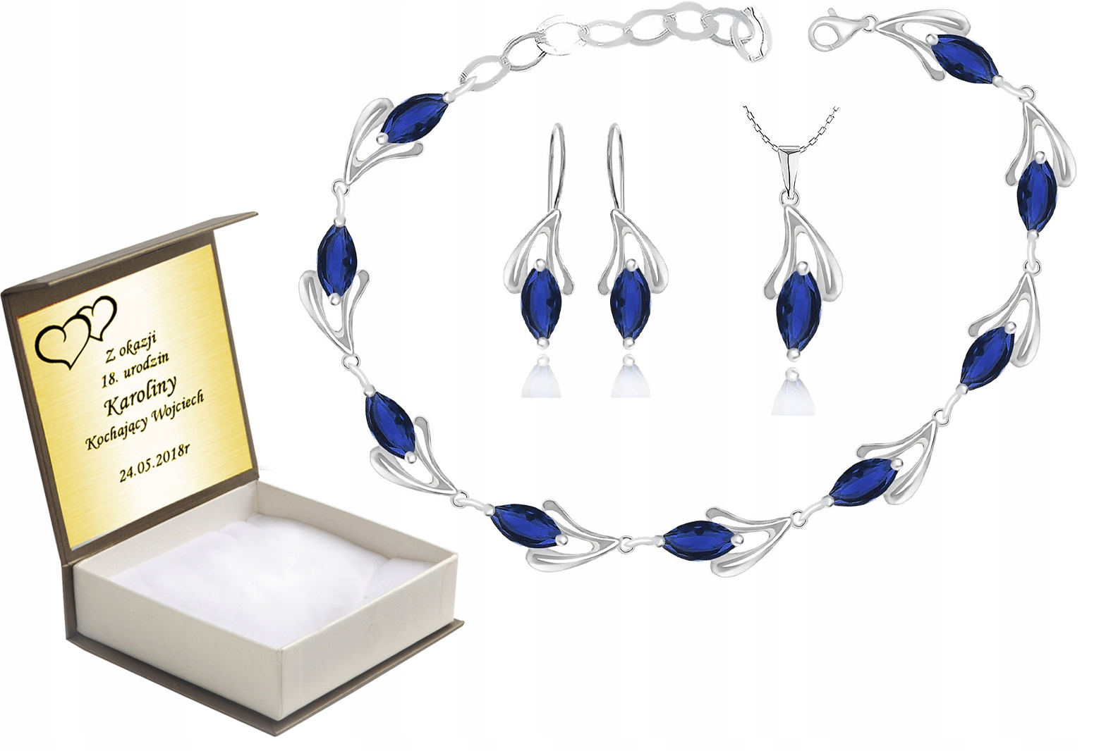 

Komplet Biżuterii Z Niebieskimi Cyrkoniami+grawer