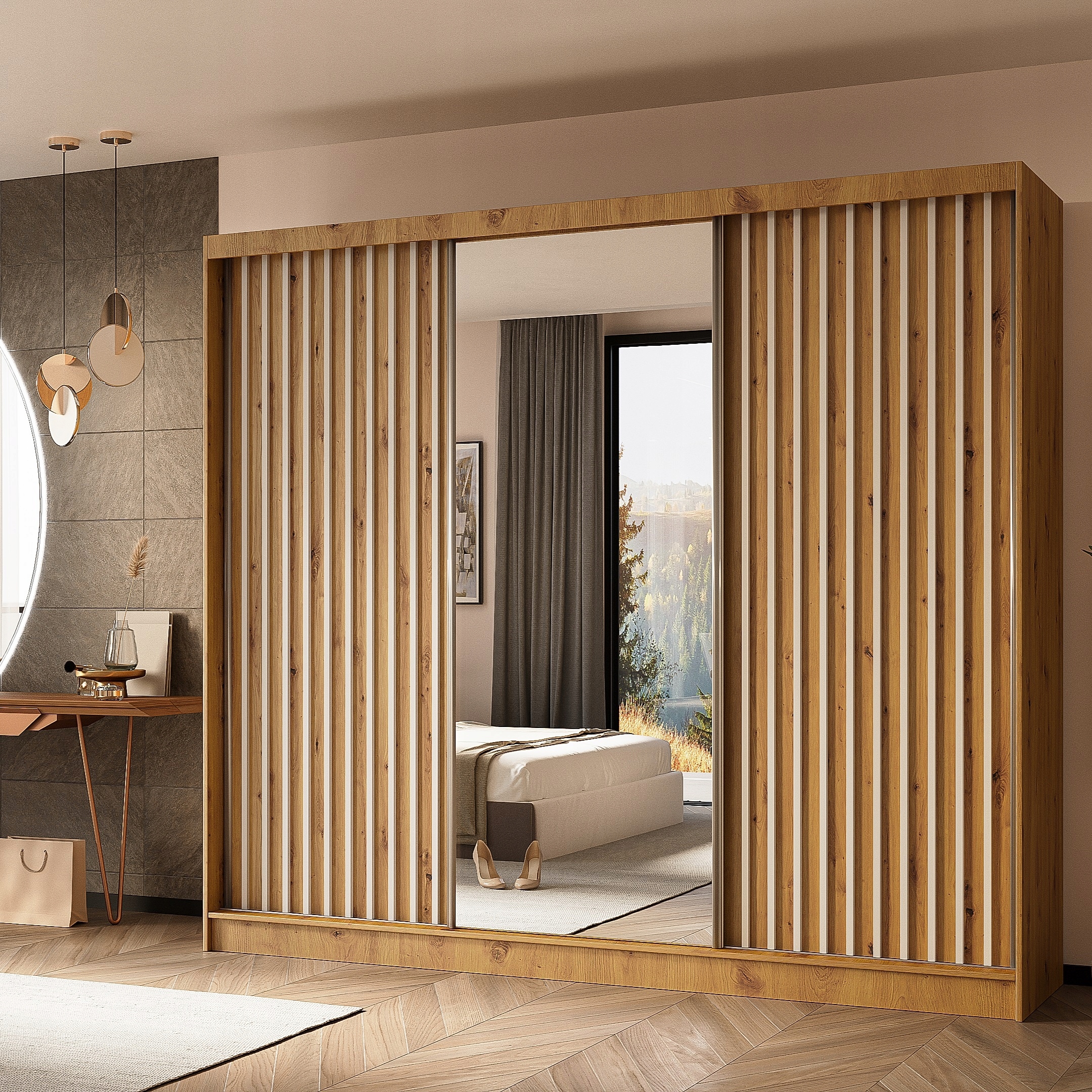 Skříň Lamello 240 cm Skříň se zrcadlem Posuvná dub artisan