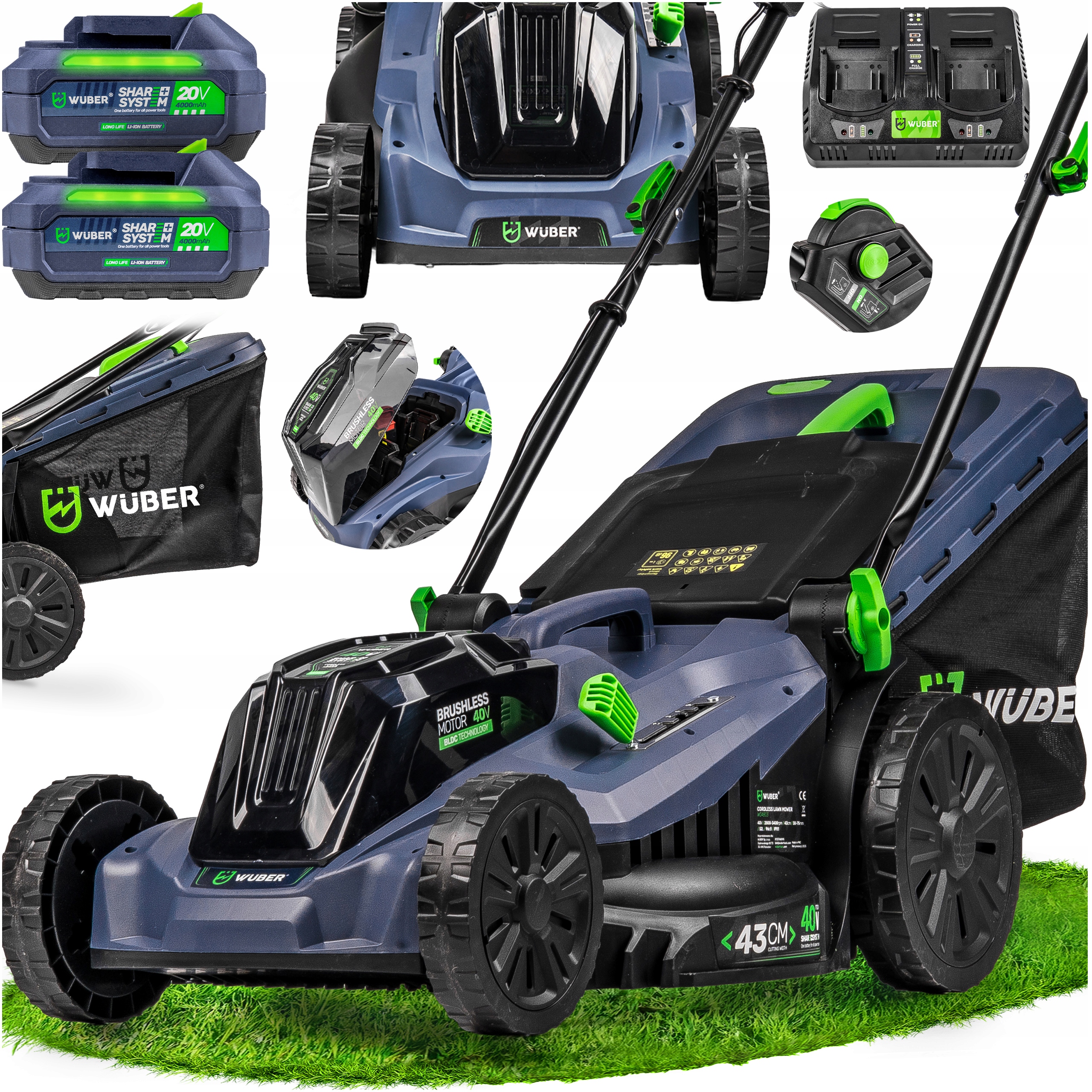 Kosiarka Akumulatorowa Bezszczotkowa 43CM Do Trawy 2X Aku 12AH Mocna Wuber