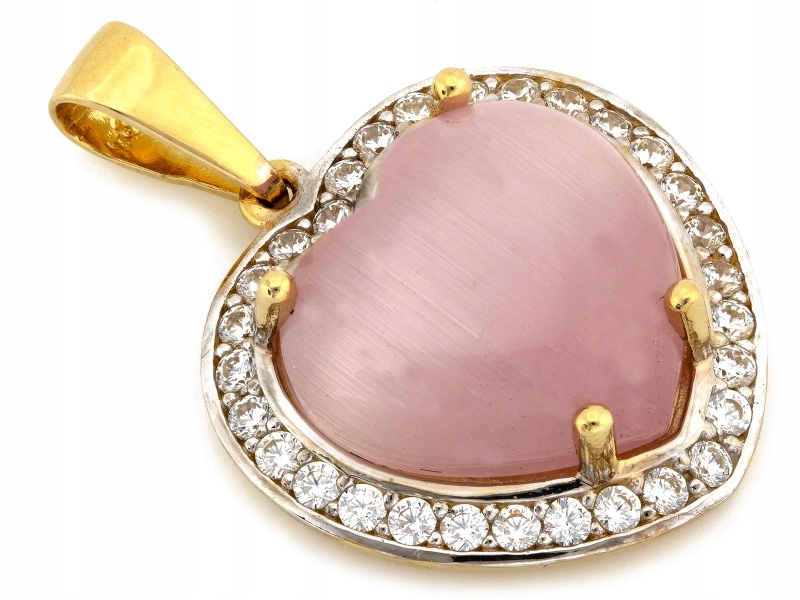 Zlatý přívěsek 585 srdce s růžovým křemenem a zirkony na řetízek 14k