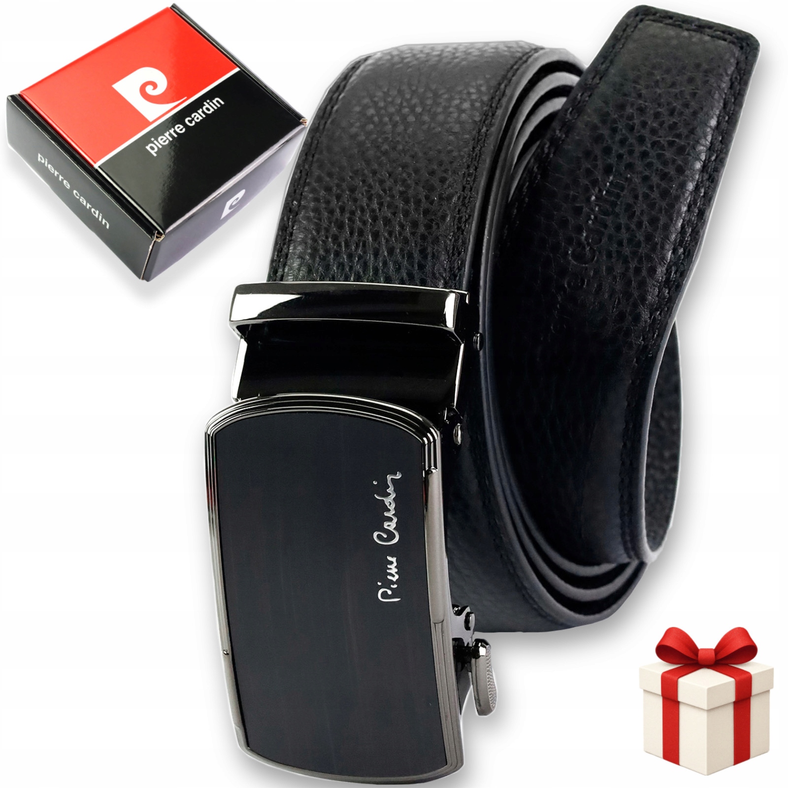 Pierre Cardin Pasek skórzany Automat męski czarny mat prezentowy 125 cm