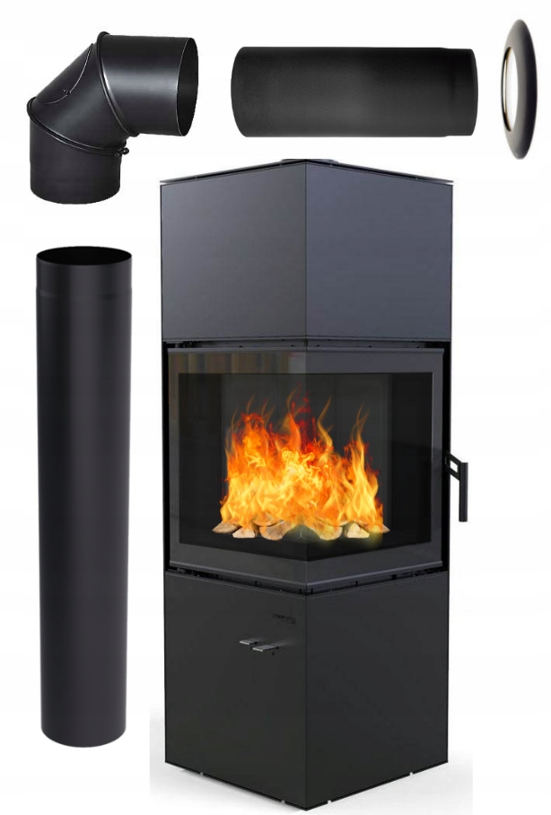 Piecyk Defro Quadroom Black 9,6 kW koza kominek zestaw do montażu rury