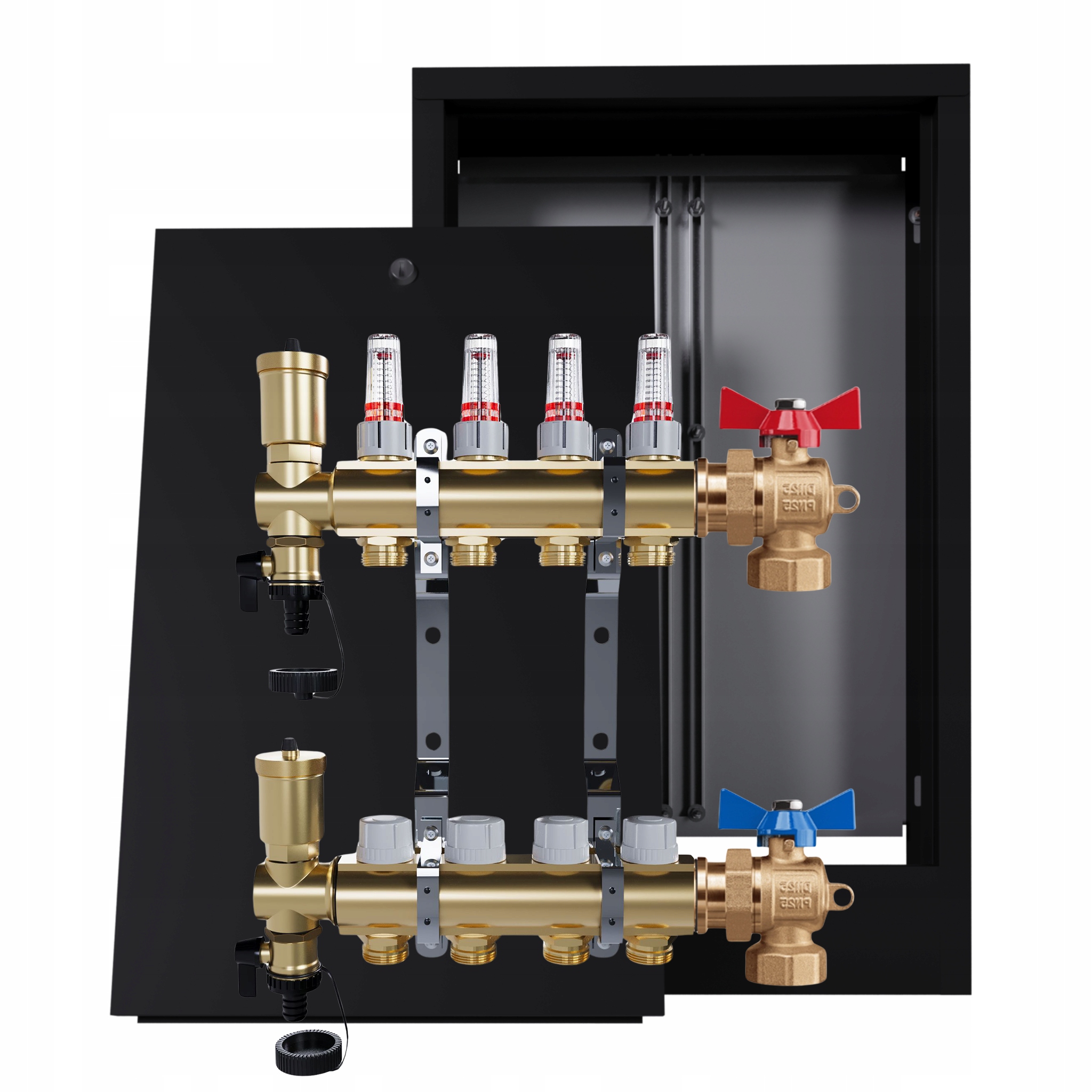 Rozdělovač mosazný Podlahovky 4 Obvody Nástěnná skříňka Černá Ventily