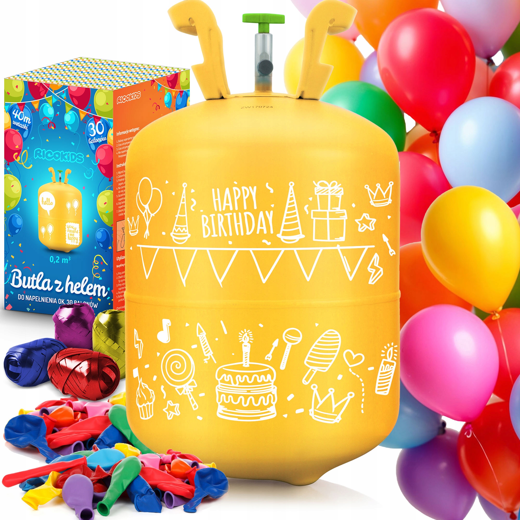 Butla z helem 0,42 m3 balony x50 wstążka 60m hel do balonów
