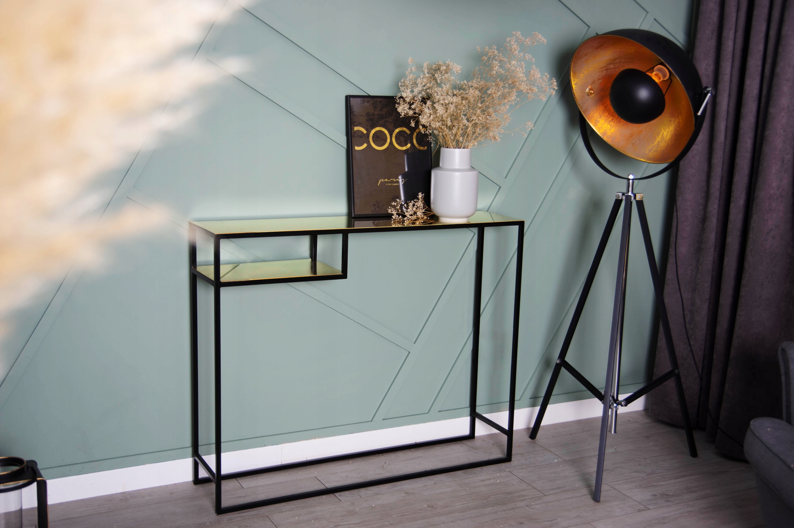 Konsola metalowa loft złota - stelaż czarny Głębokość mebla 27 cm