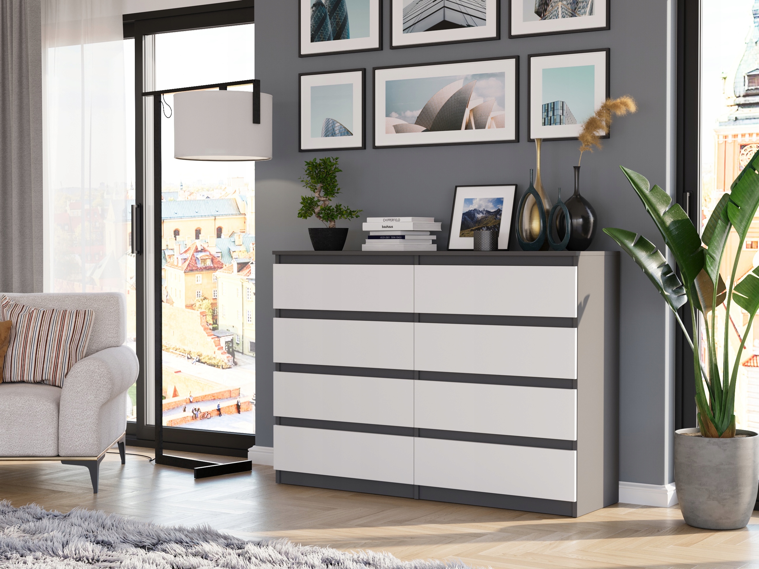 Nowoczesna KOMODA 140CM SZAFKA 8 SZUFLAD PL MIX ANTRACYT R-140-S8