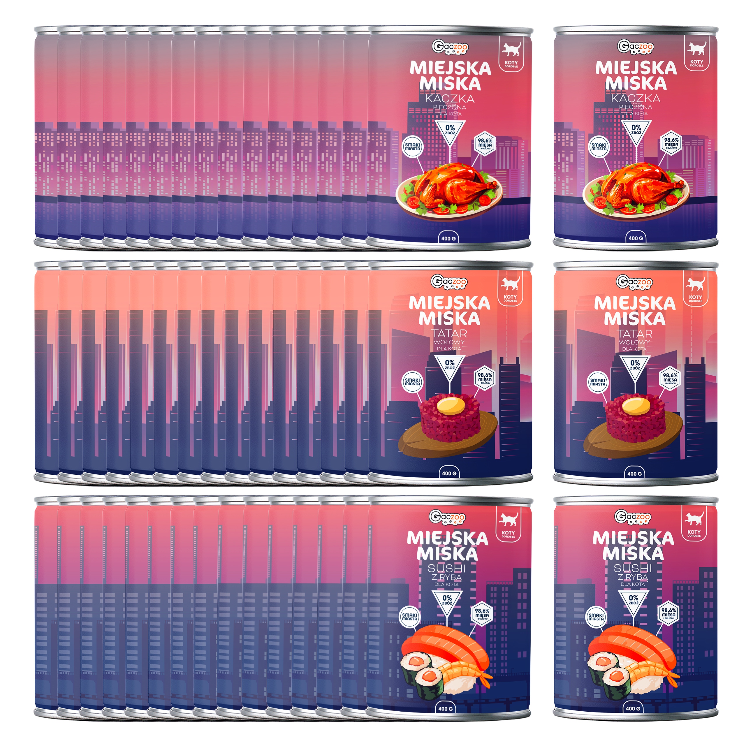 Levně Gaczoo Městská miska bez obilovin krmivo mokré pro kočky mix chutí 48 x 400 g