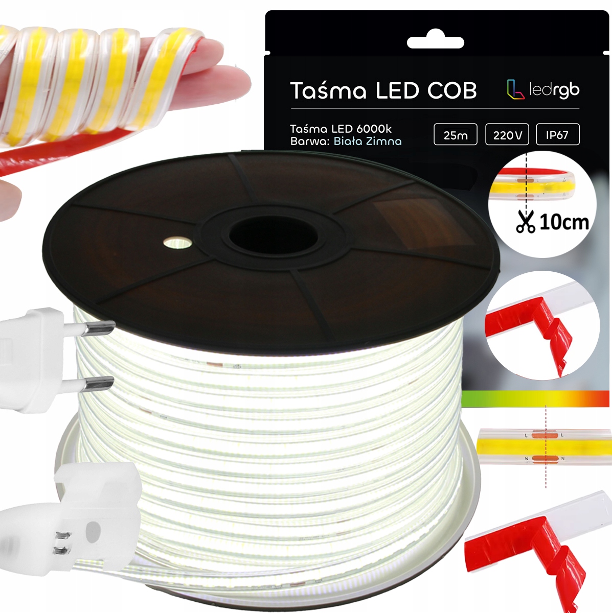 Set Led Pásek Cob 25 m 230 V Bílý Studený 6000 K Řezaný Každých 10 CM IP67 Lepidlo