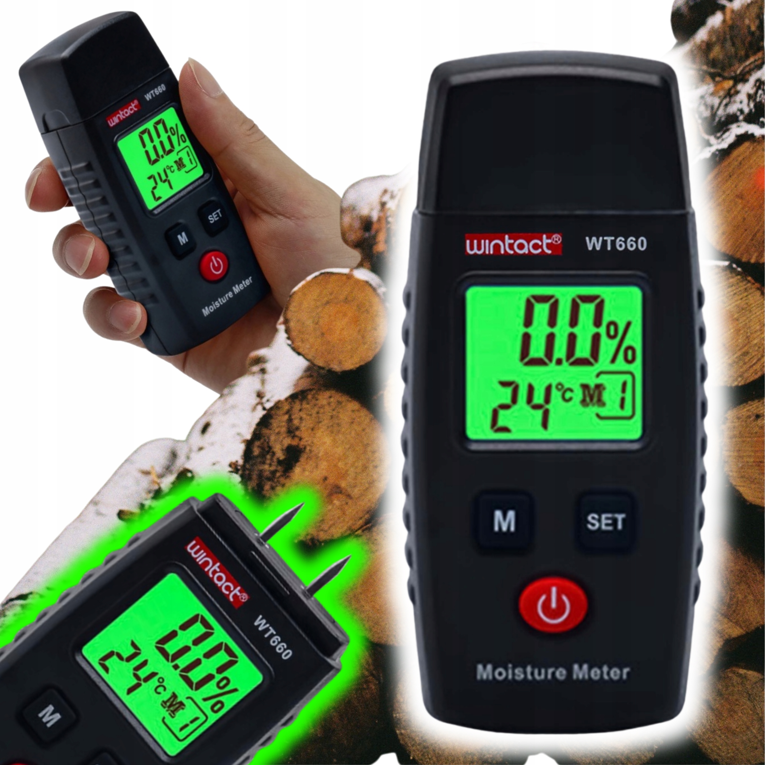 WILGOTNOŚCIOMIERZ DREWNA MIERNIK WILGOCI BETON GIPS ŚCIANY PODŚWIETLANY LCD