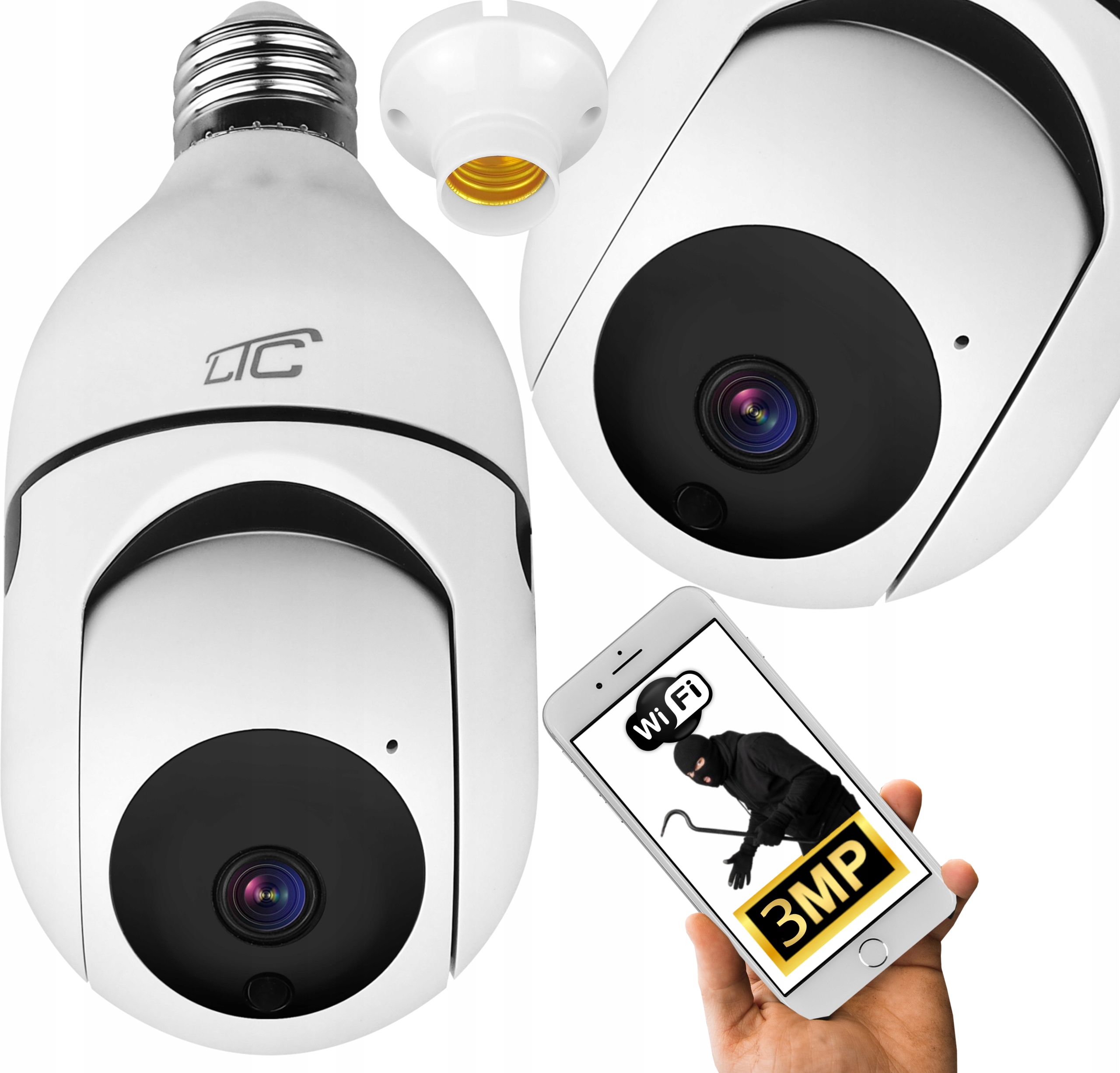 Kamera Ip WiFi Żarówka E27 Obrotowa Wewnętrzna 3MPX App Ios Android