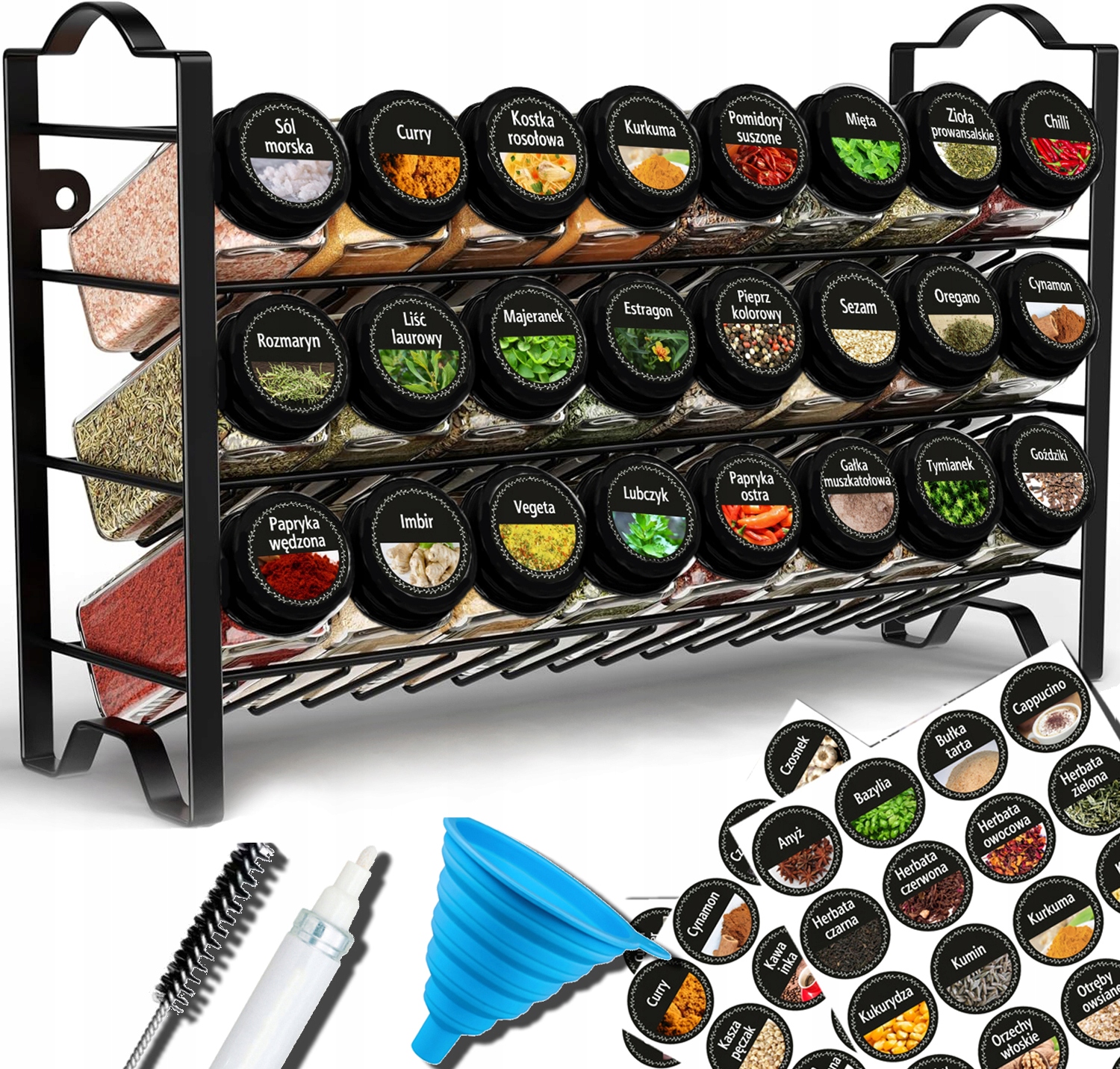 Stojak Na Przyprawy 24 Szklane Słoiczki Pojemniki Organizer +144 Naklejki