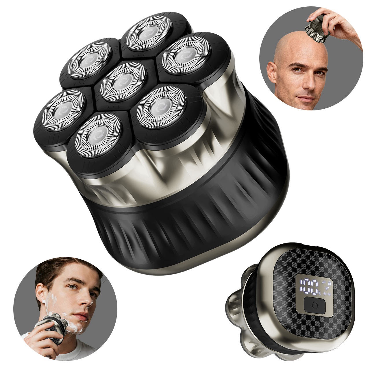 Hatteker WK-5812 Rotační holicí strojek 2 v 1 pro holení hlavy, stříbrný