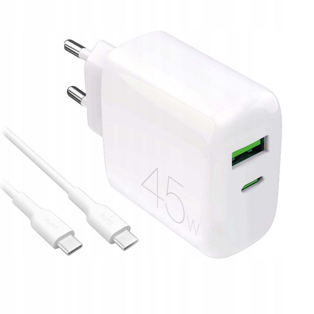Síťová nabíječka Usb-c a Usb-a s podporou rychlého nabíjení (pd) a kabelem Usb-c, výkon 45 W – bílá Puro