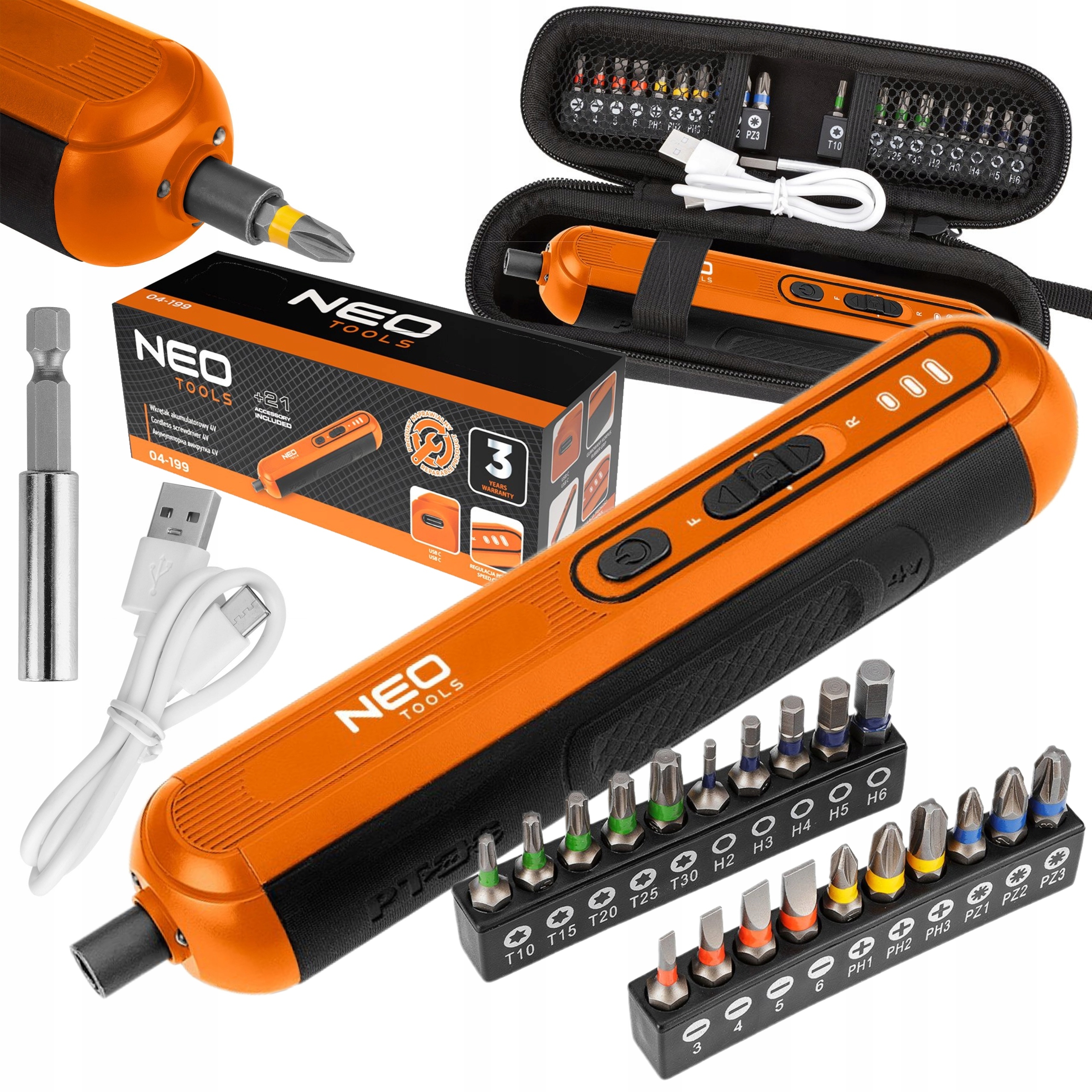 Neo Sada Akumulátorový Šroubovák 4V Li-ion Led Usb-c 20 Bitů Pouzdro 04-199