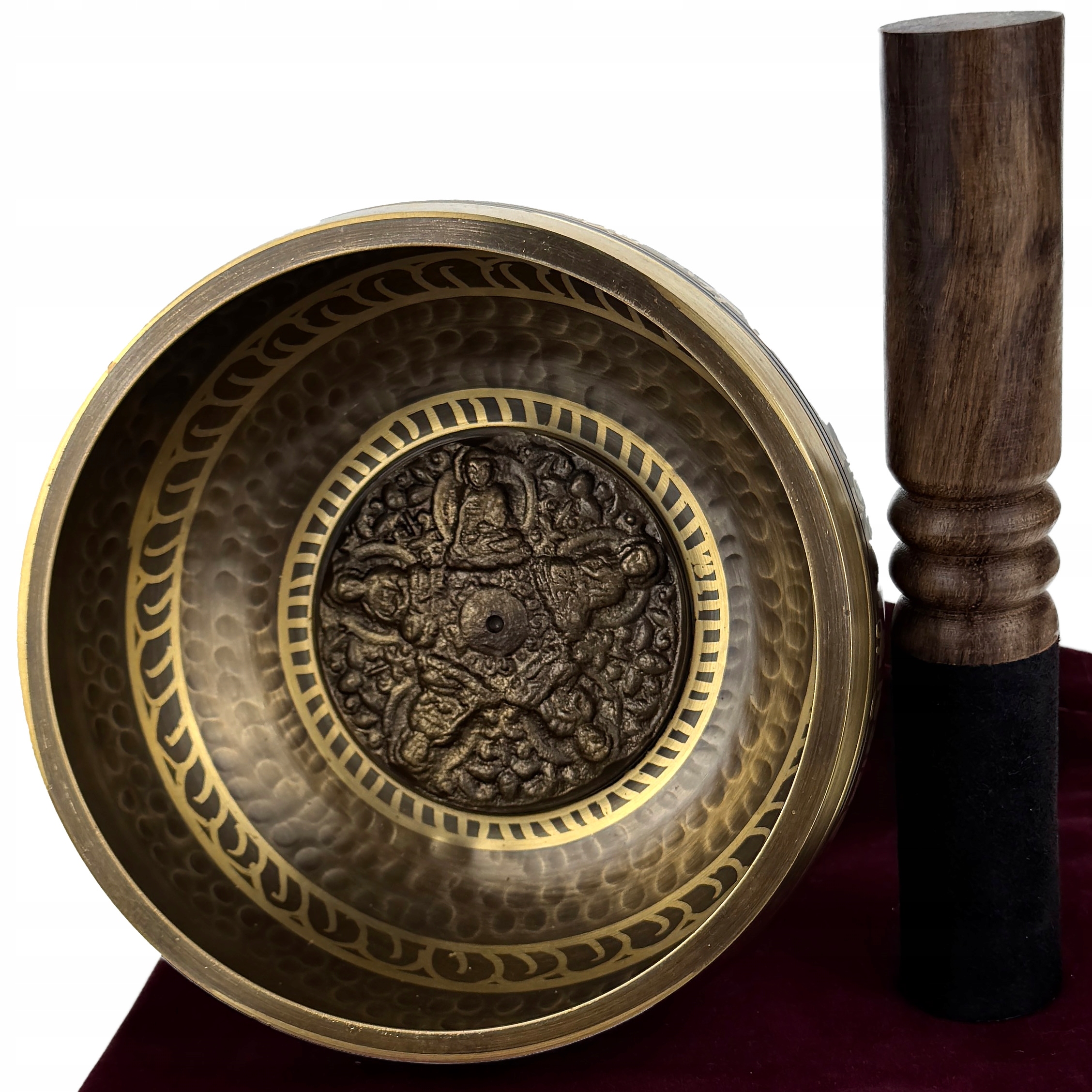 Tibetská zpívající mísa „Osvícení a moudrost“ 16 cm kovaná, prémiová sada