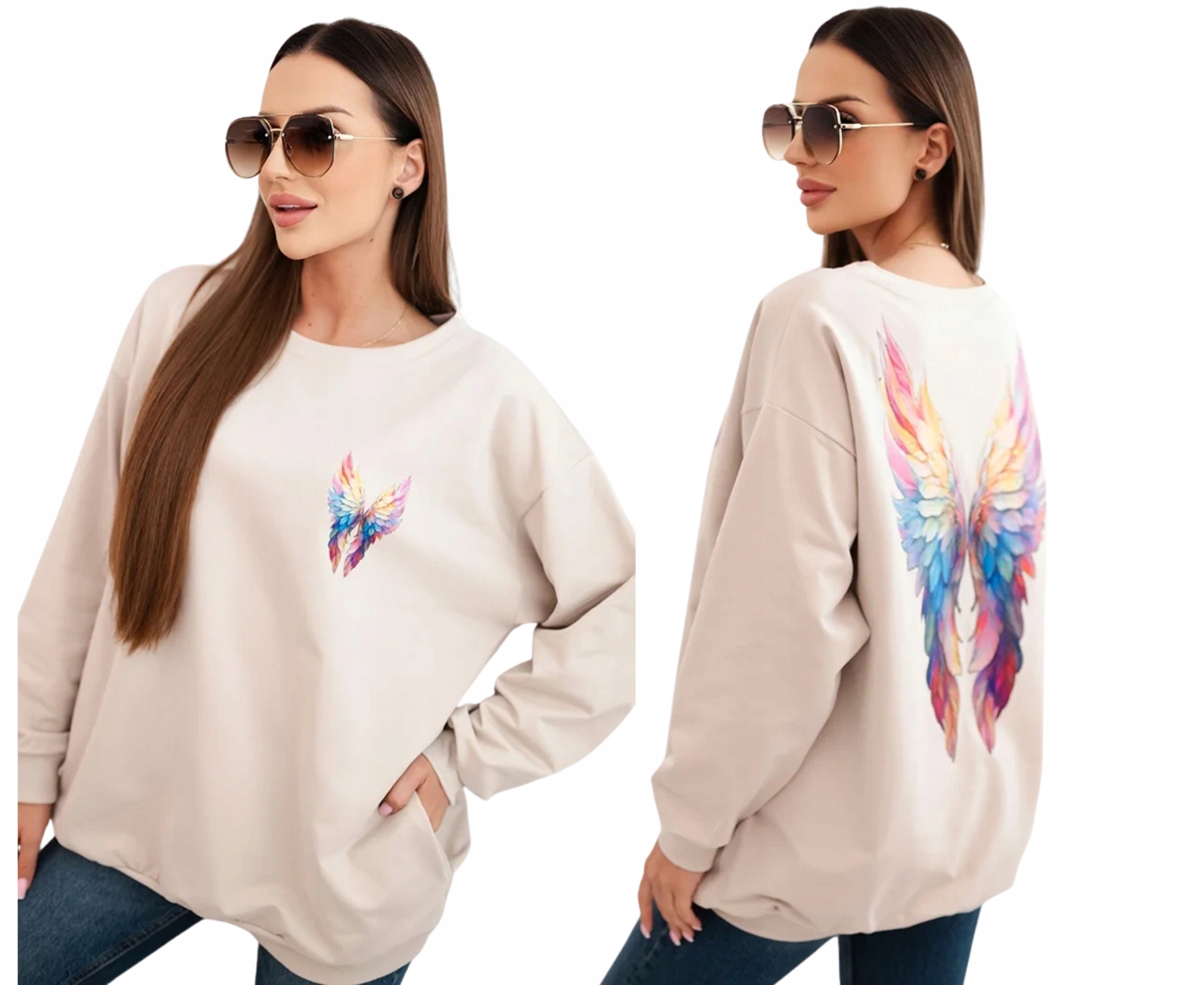 Mikina z bavlny s barevnými křídly na zádech, béžová