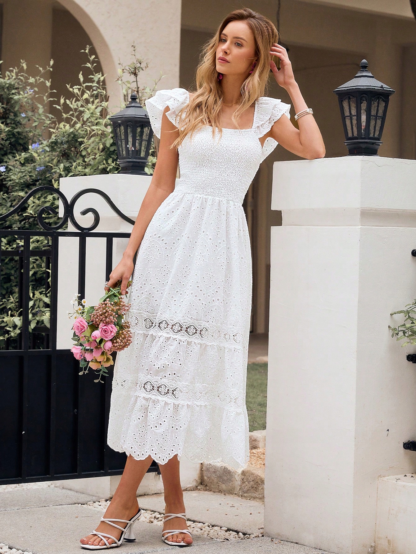 Šaty Bílá MIDI Sukně S Volánky Casual Simplee L 40