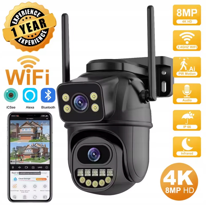 Venkovní Ip kamera 4MP Hd Wi-Fi s dvojitým objektivem a monitorováním