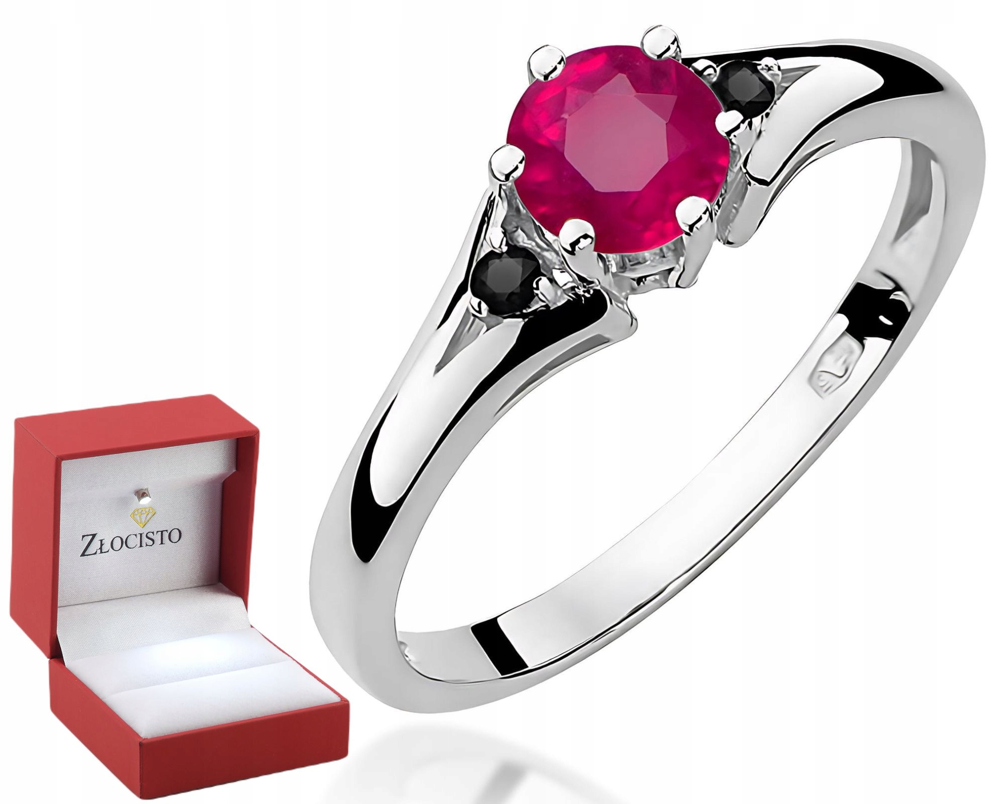 Bílý Zlatý Prstýnek S Rubínem A Černými Diamanty, Zlato 585 Dárek