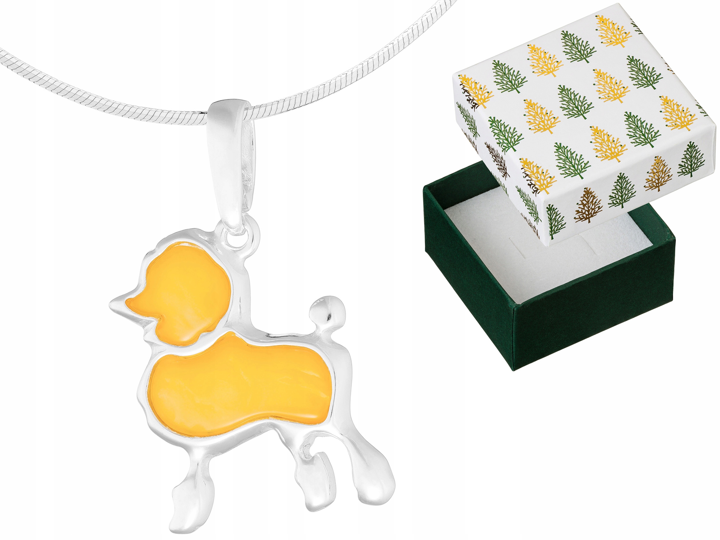 Stříbrný náhrdelník Pudl Přívěsek s jantarem Přívěsek Pes Řetízek 90 cm