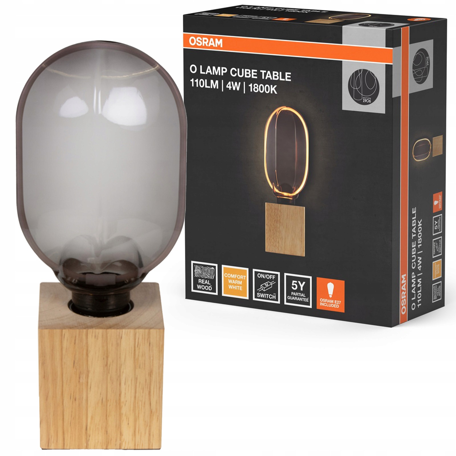 Stolní lampa s osvětlením 4W 110lm 1800K E27 Dřevo Cube Osram