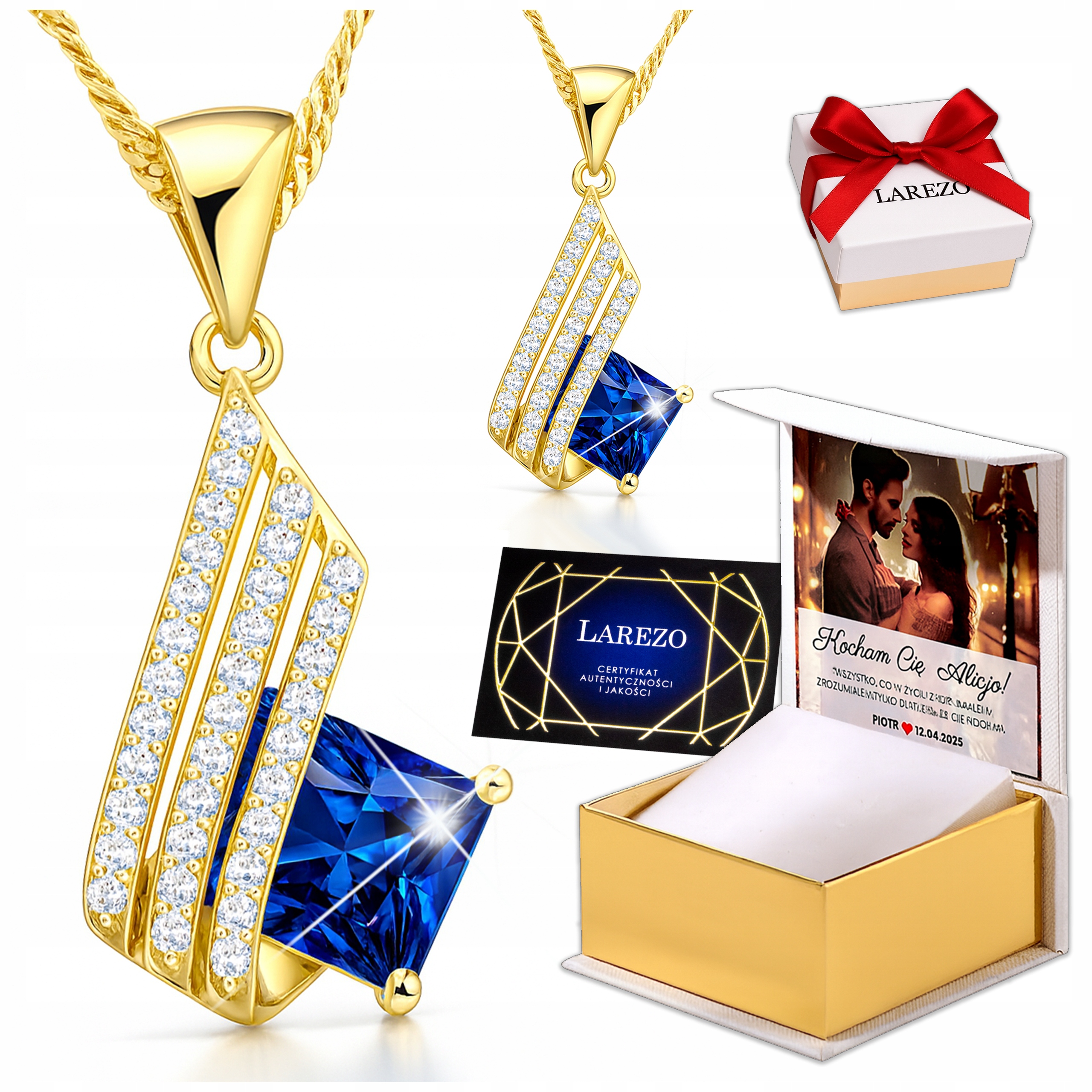 Zlatý náhrdelník 925 Modrý Křišťál Přívěsek s zirkony Love Print