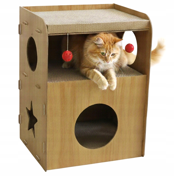 Levně Drapak Pro Kočky Velký Dvoupatrový Kartonový Mdf Pelíšek Domeček S Hračkami