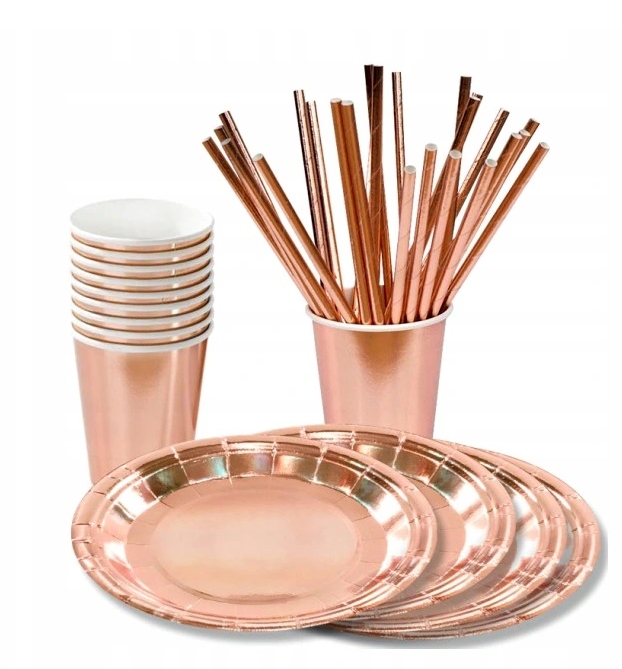 Zestaw Talerzyki Kubeczki SŁOMKI ROSE GOLD, papierowy, jednorazowy